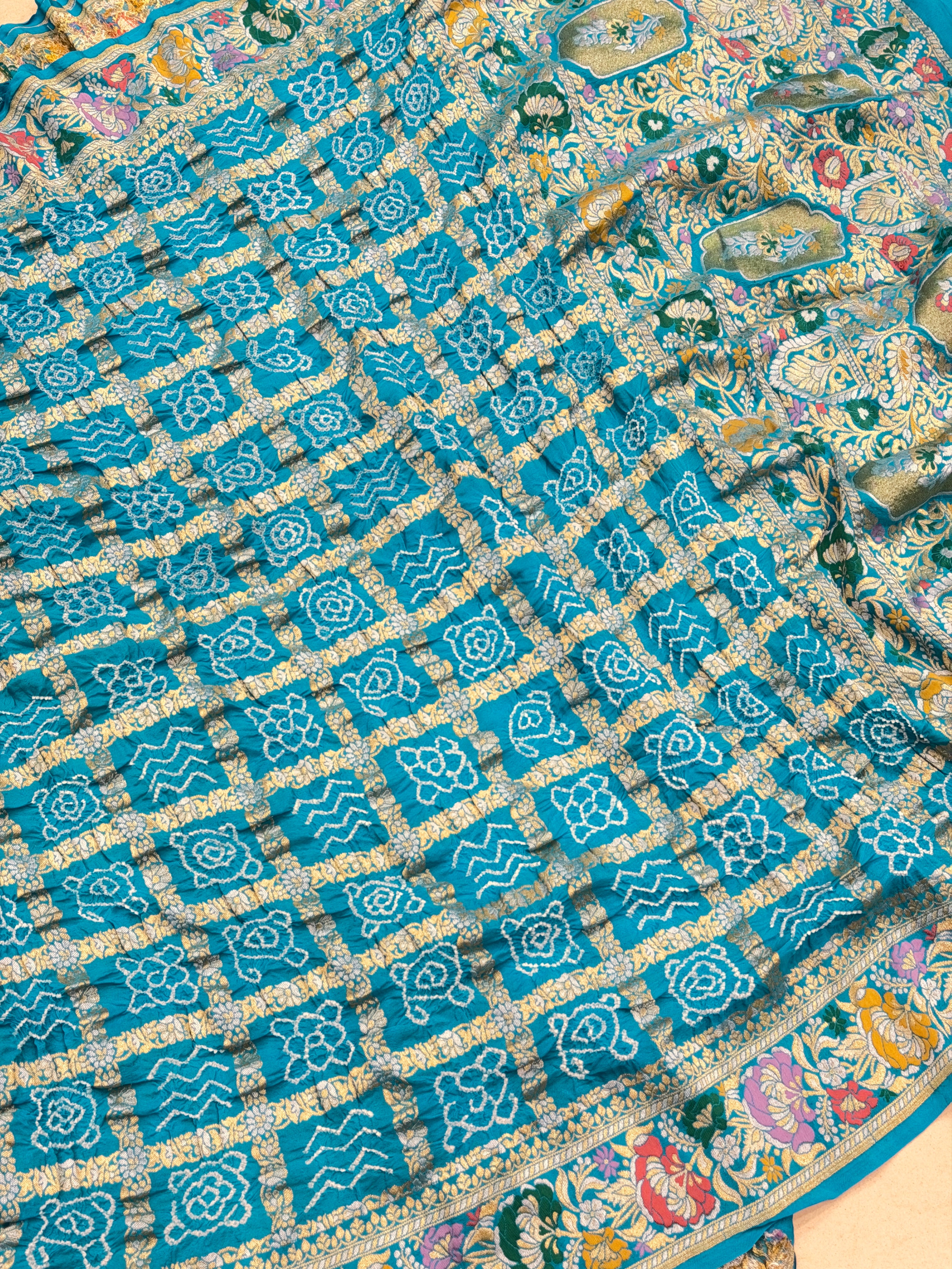 Blue Meenakari Border Gharchola Style Pure Handloom Bandhej Georgette Saree