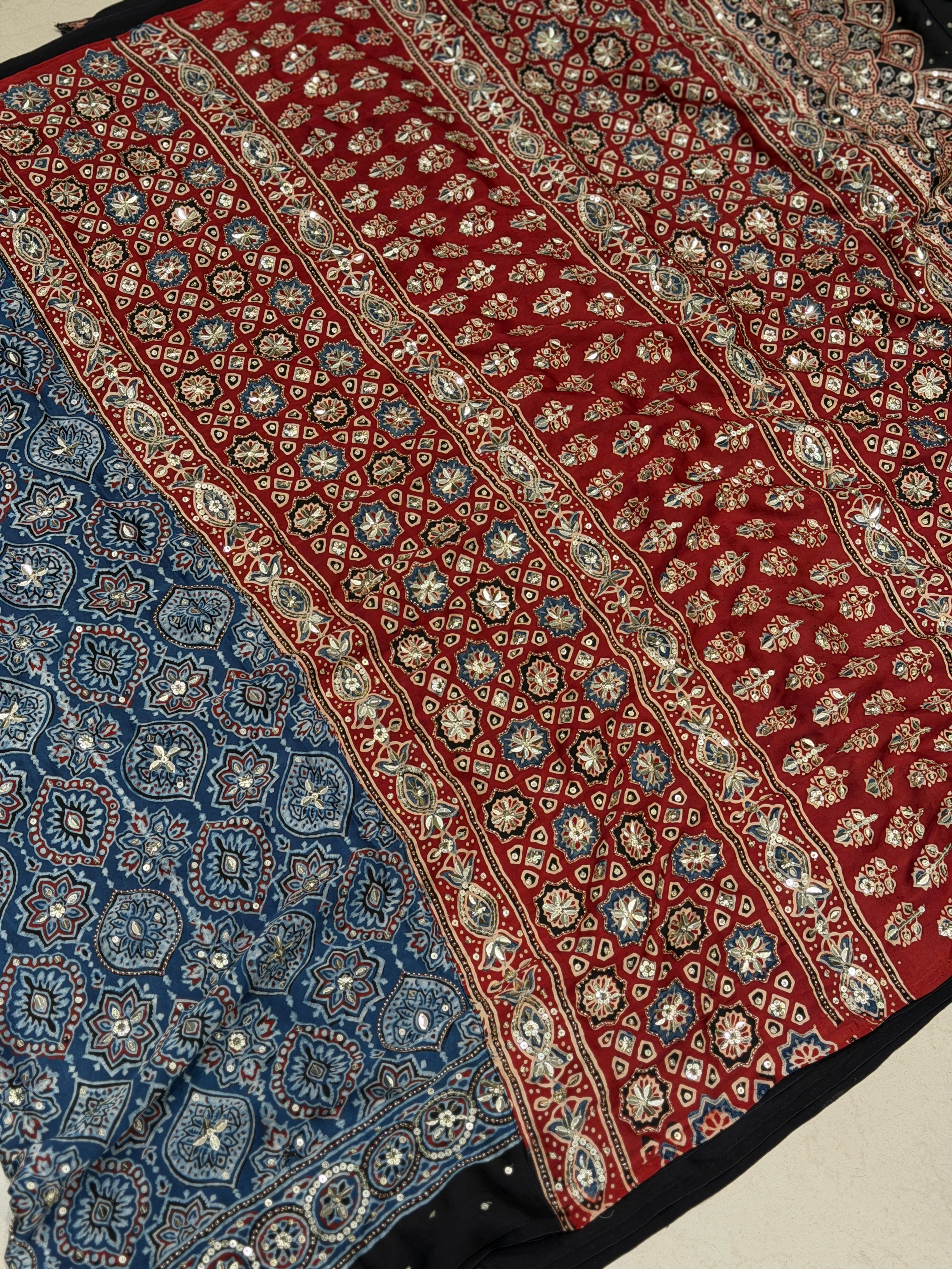 Blue Red Badam Butta Moti Sequin Ajrakh Hand Embroidery Saree