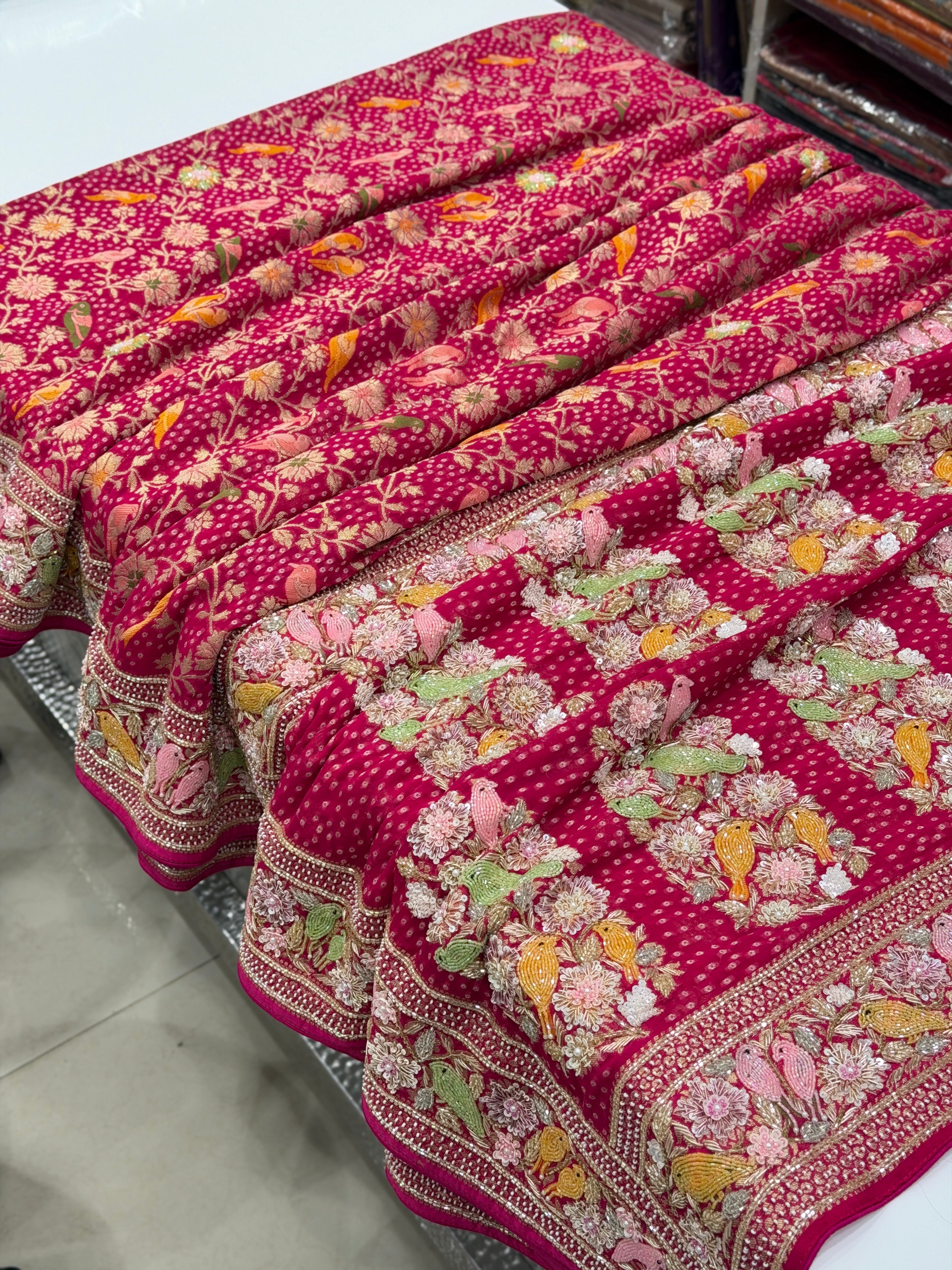 Rani Pink Weaved Bandhej Parrot Motifs Georgette Moti Zardodi Hand Embroidery Saree