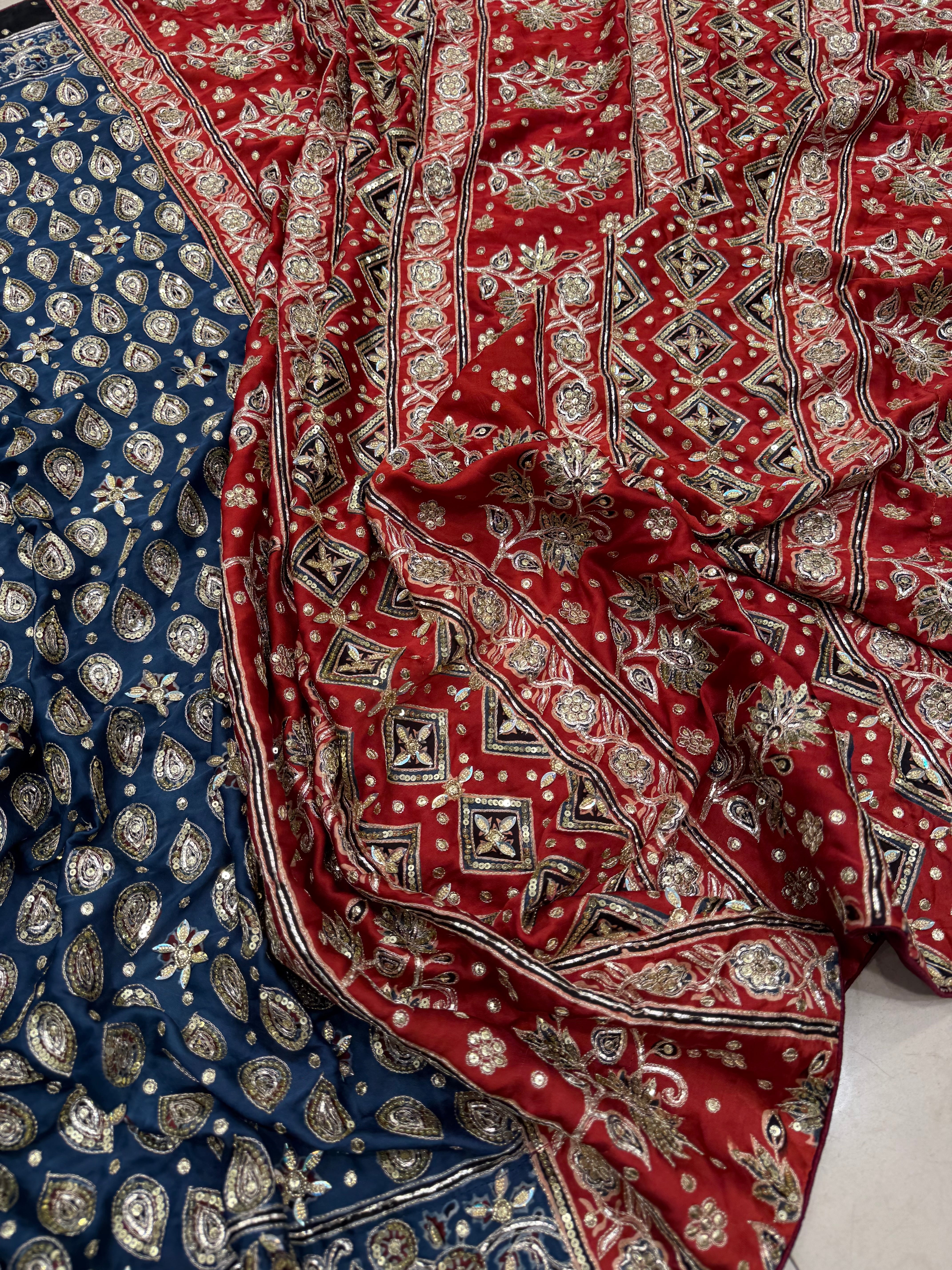 Blue Red Floral Buttis Ajrakh Hand Embroidery Saree