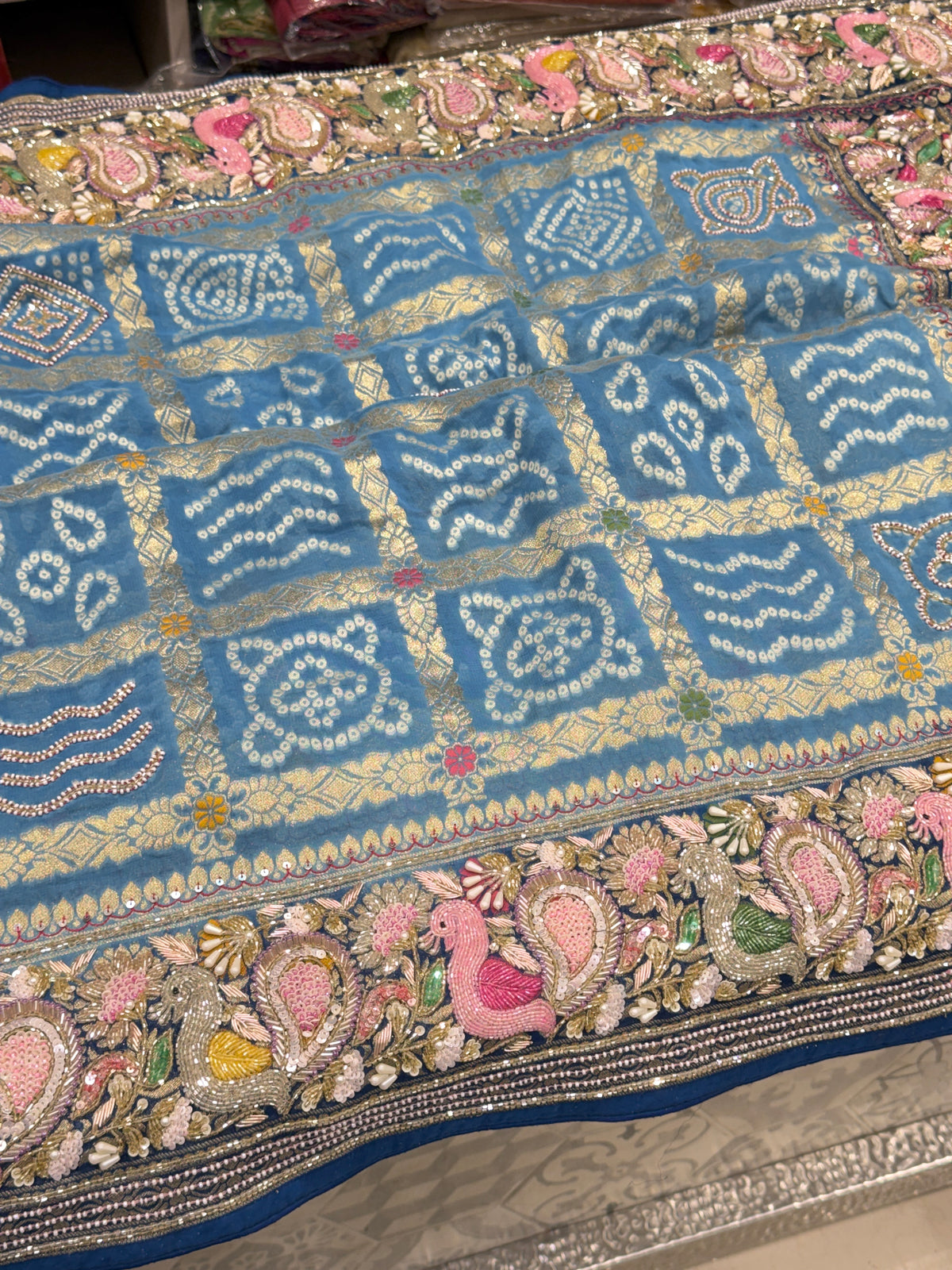 Shaded Blue Gharchola Moti Sequin Zardosi Hand Embroidery Georgette Saree