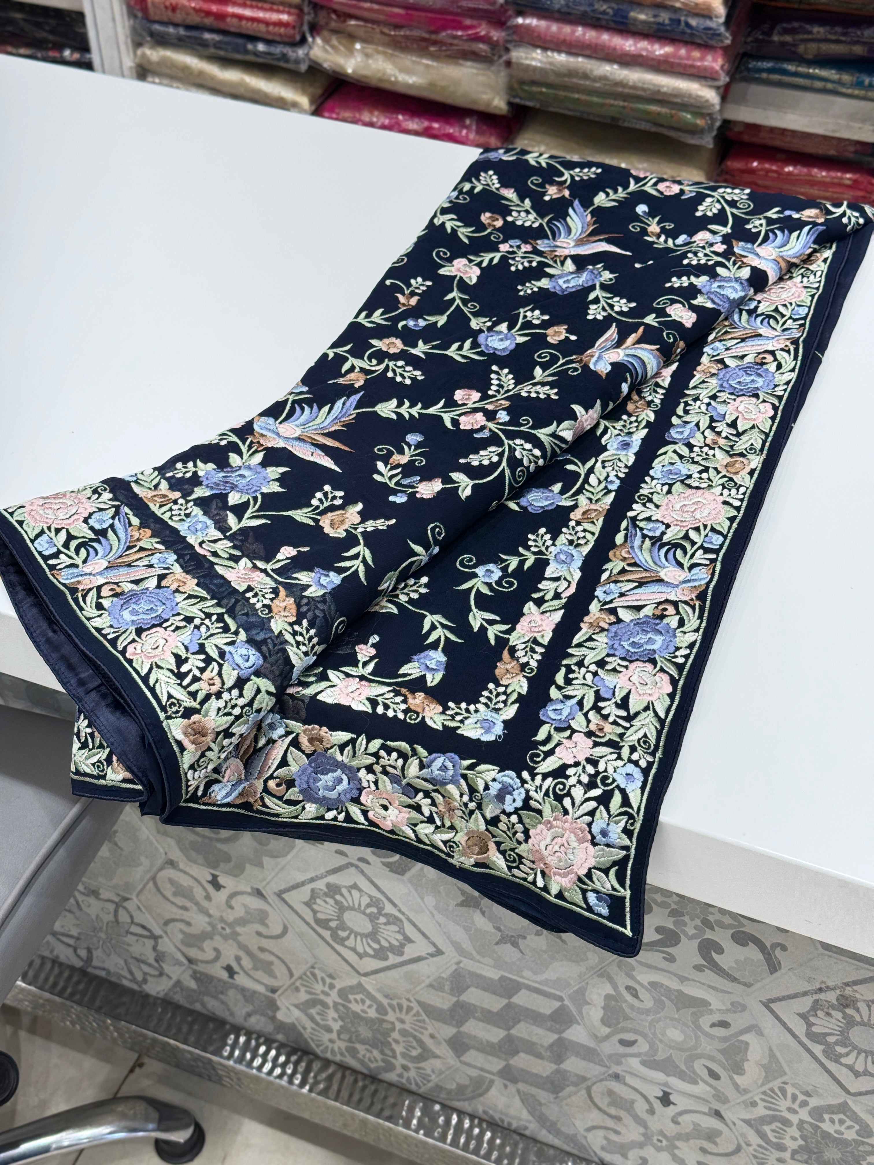 Blue Double Border Georgette Parsi Gara Saree