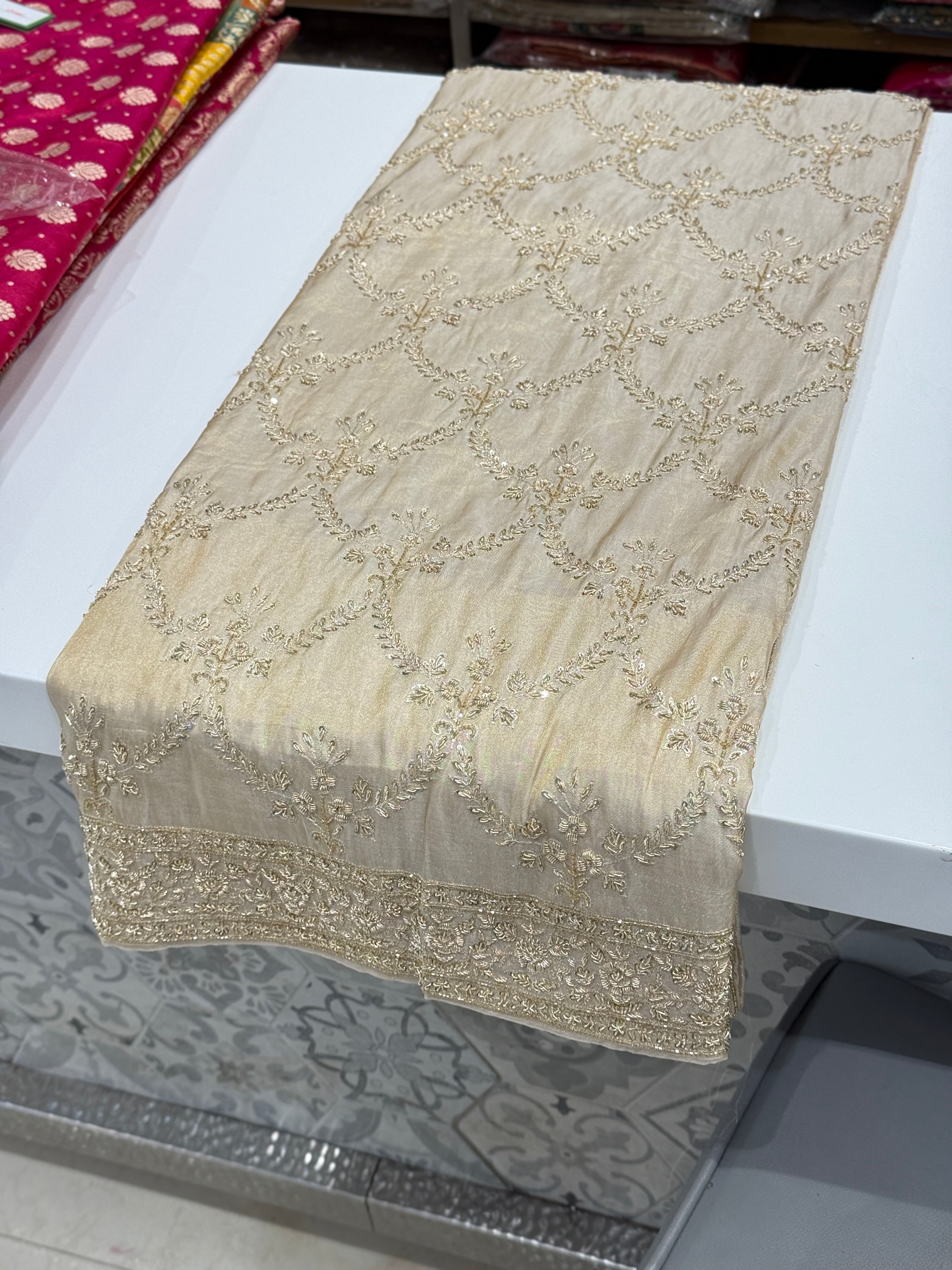 Handloom Tissue Silk Zardosi Hand Embroidery Jaal Saree
