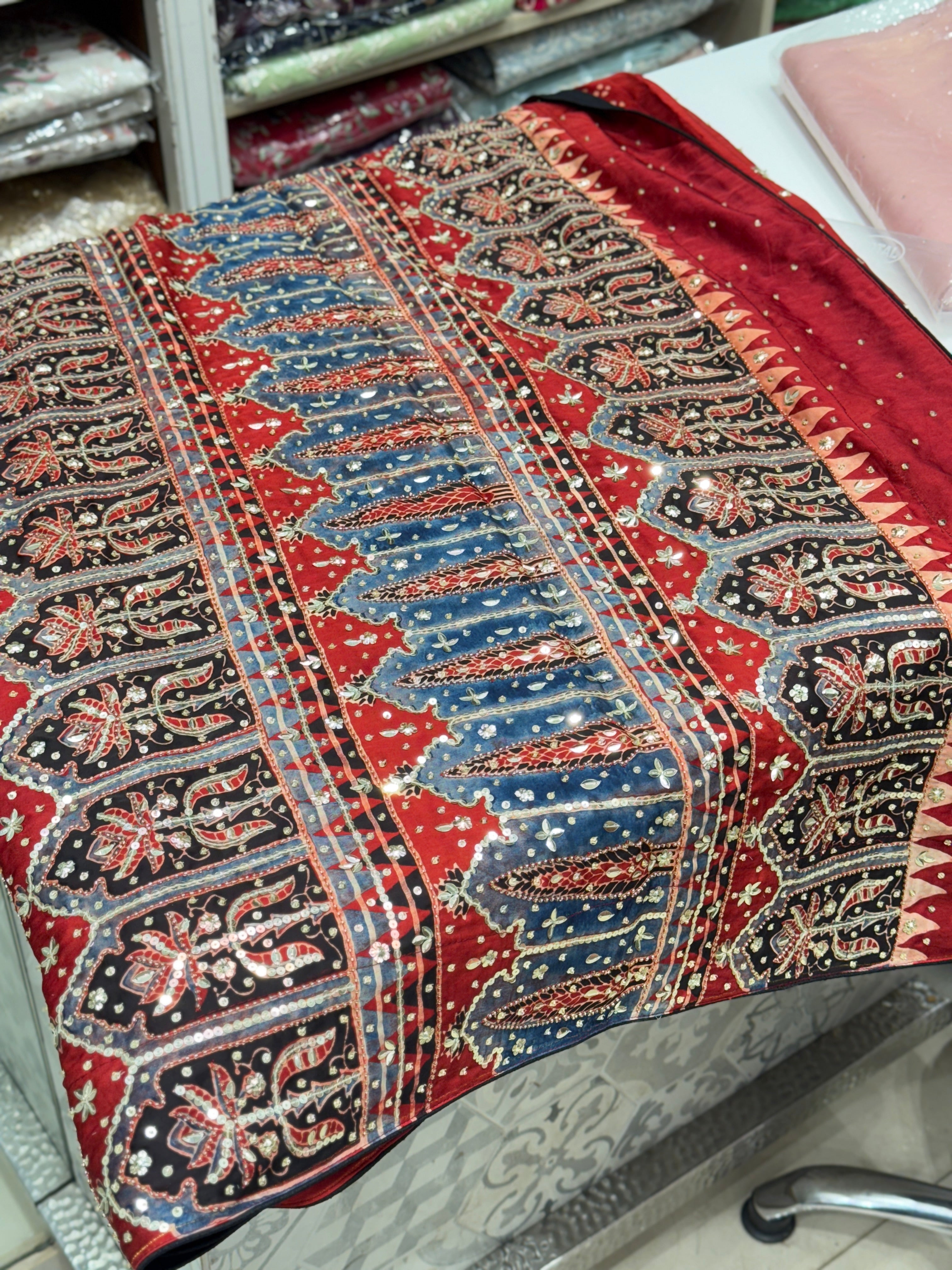Ajrakh Hand Embroidery Sequin Saree Contemporary