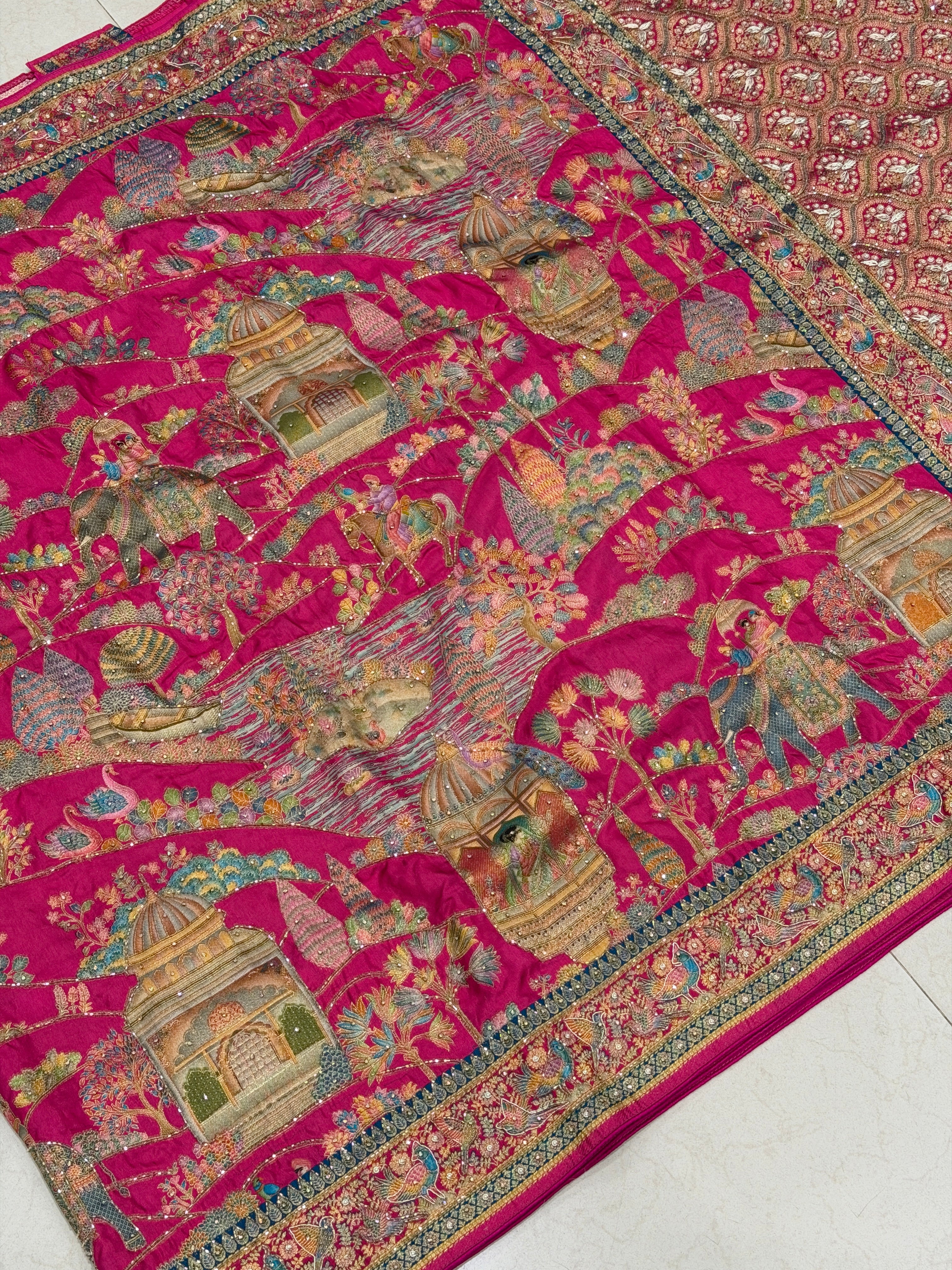 Rani Forest Darbar Pashmina Style Weave Hand Embroidery Saree