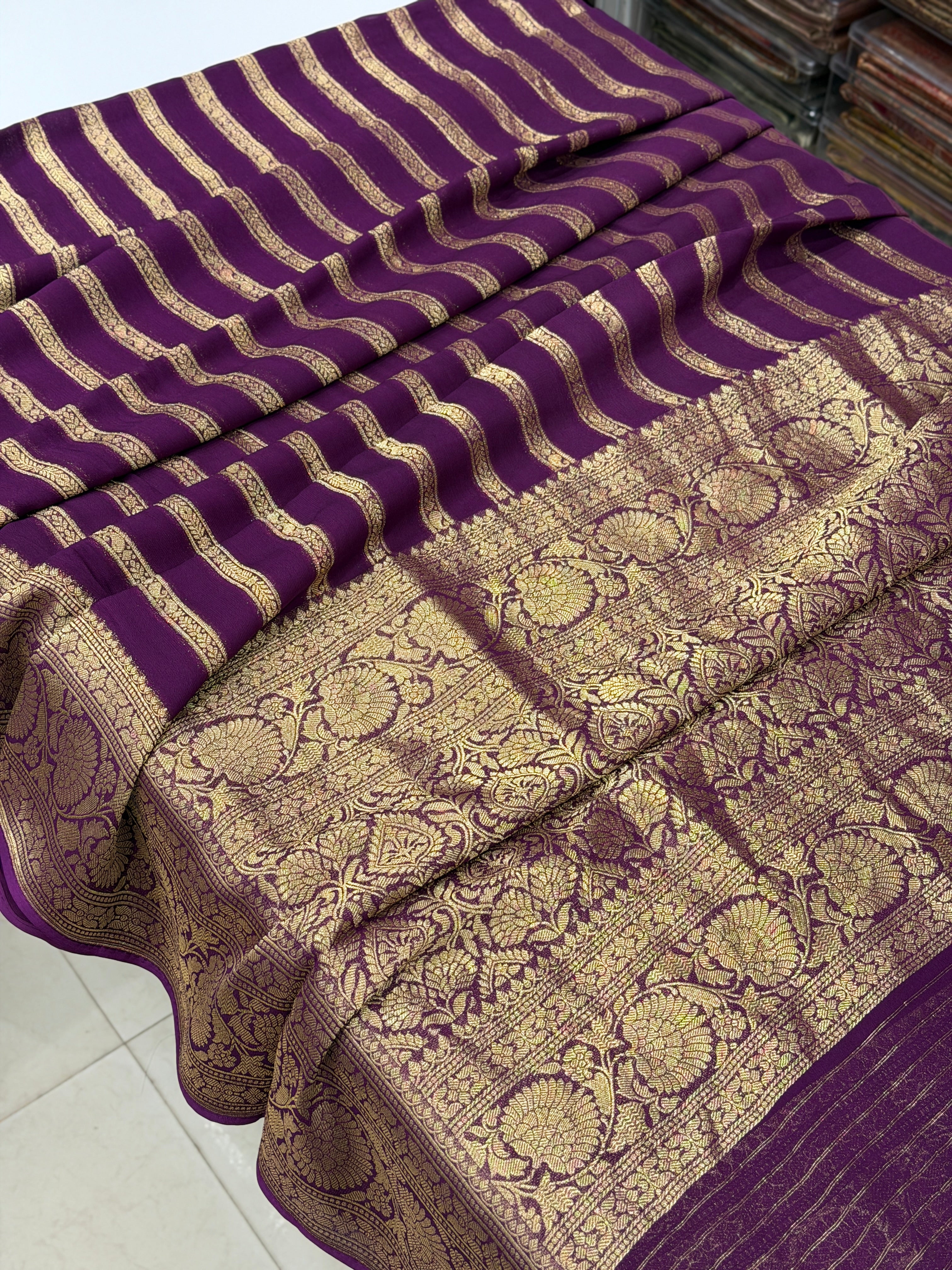 Wine Contemporary Leheriya Banarasi Khaddi Georgette Saree