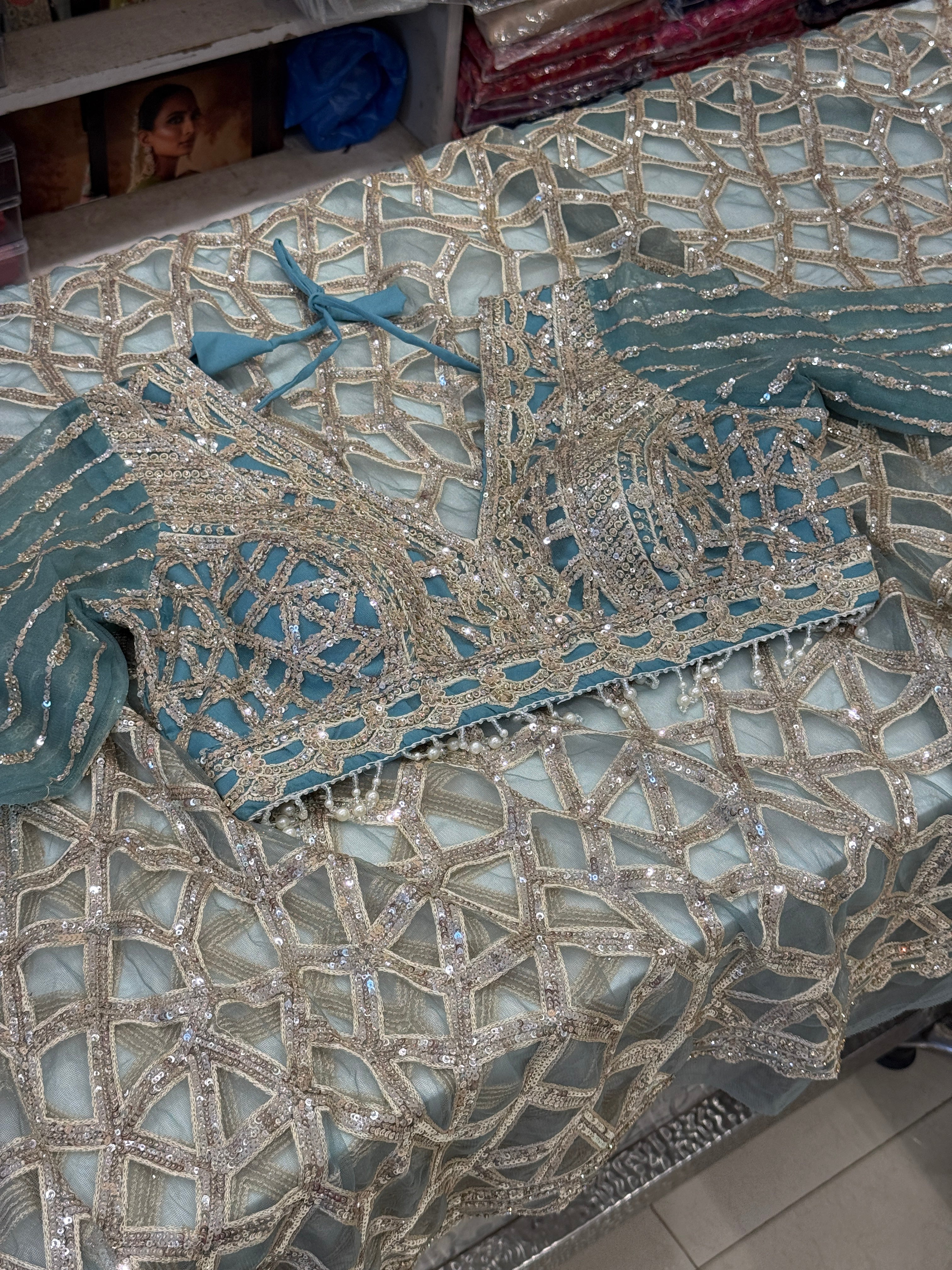 Sea Green Net Saree with Ready Blouse