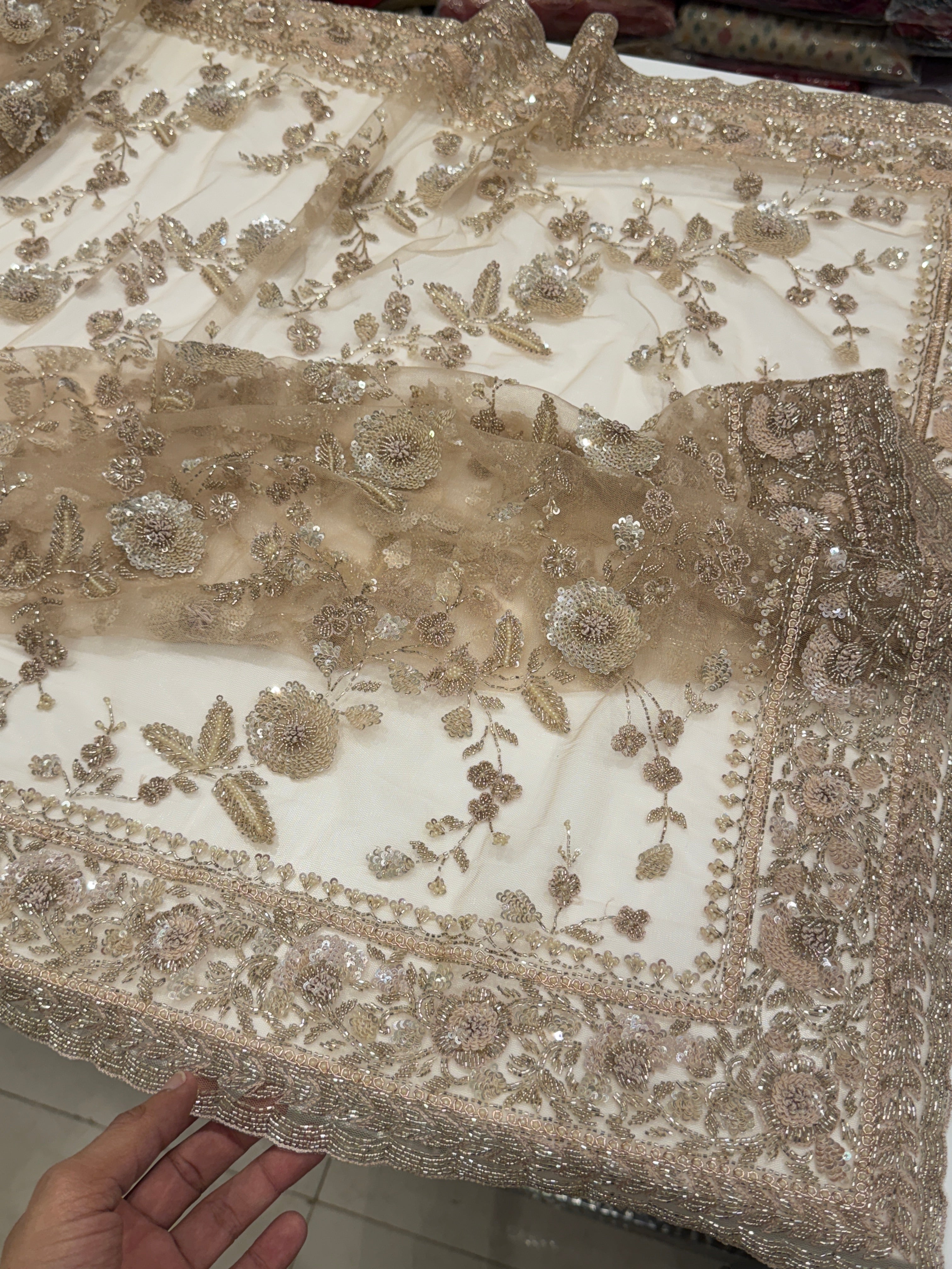 Nude Net Hand Embroidery Zardosi Moti Knot Work Saree