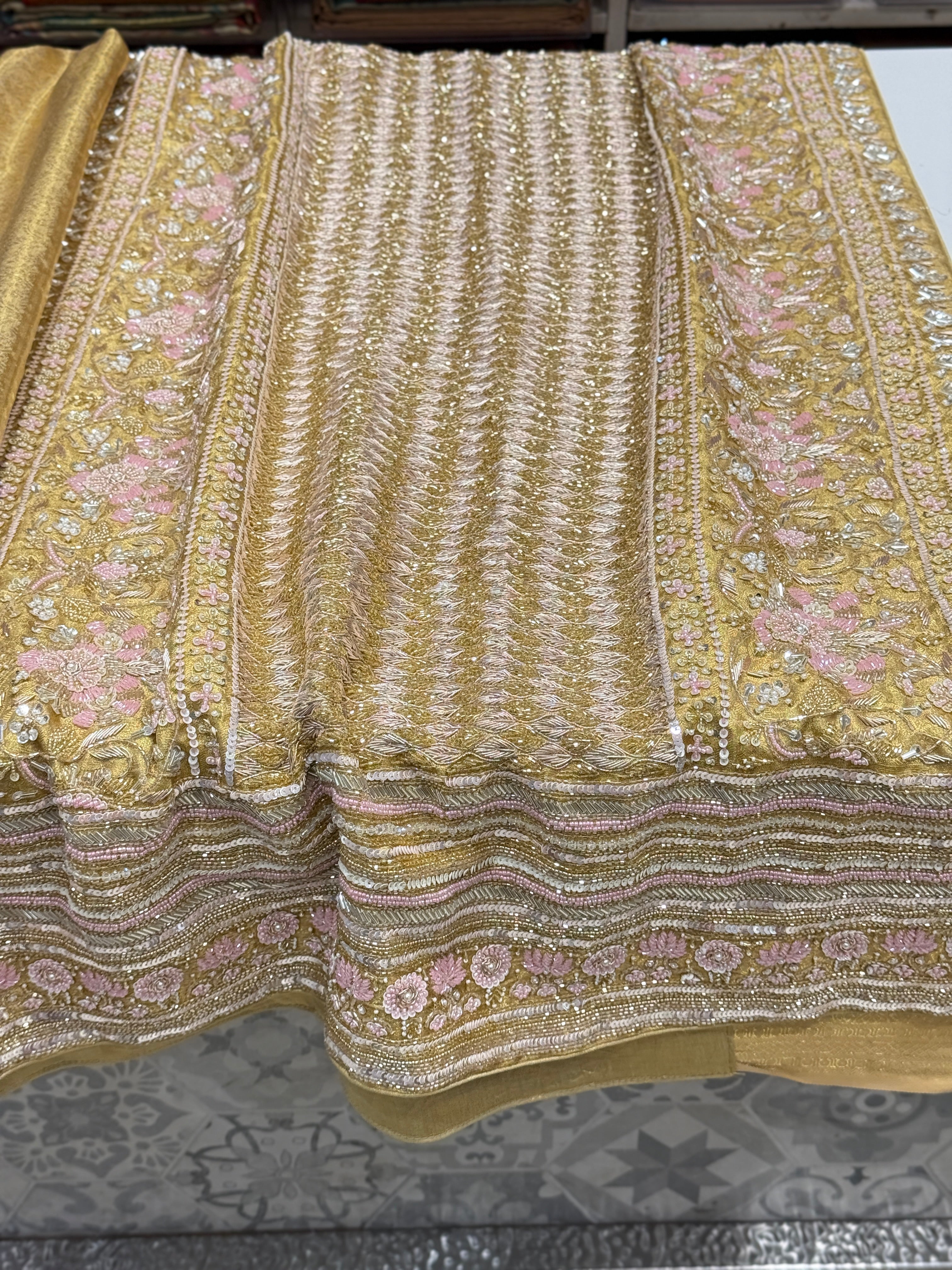 Gold Tissue Jaal Kanjivaram Hand Embroidery Saree