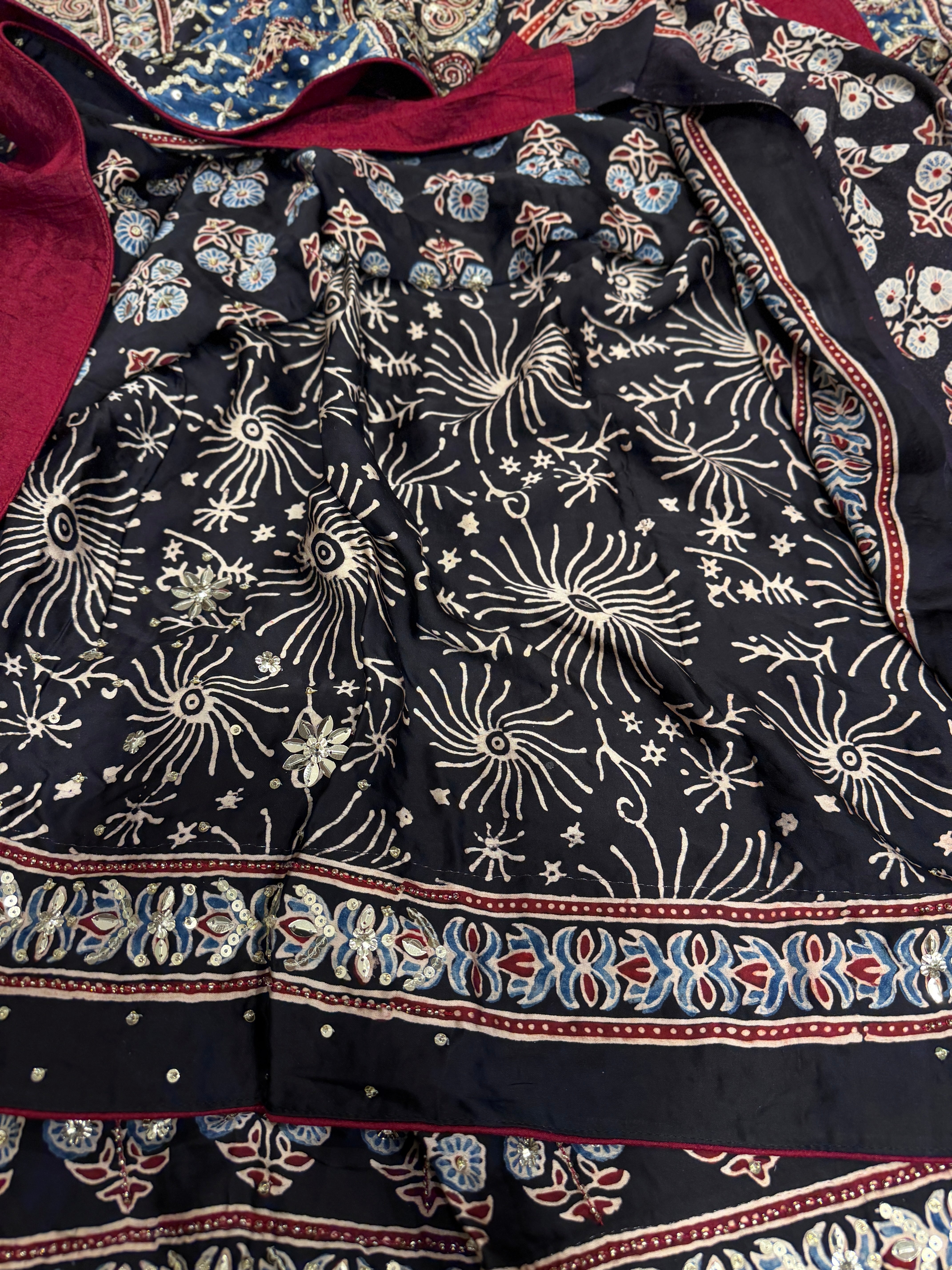 Black Butti Ajrakh Sequin Moti Hand Embroidery Saree