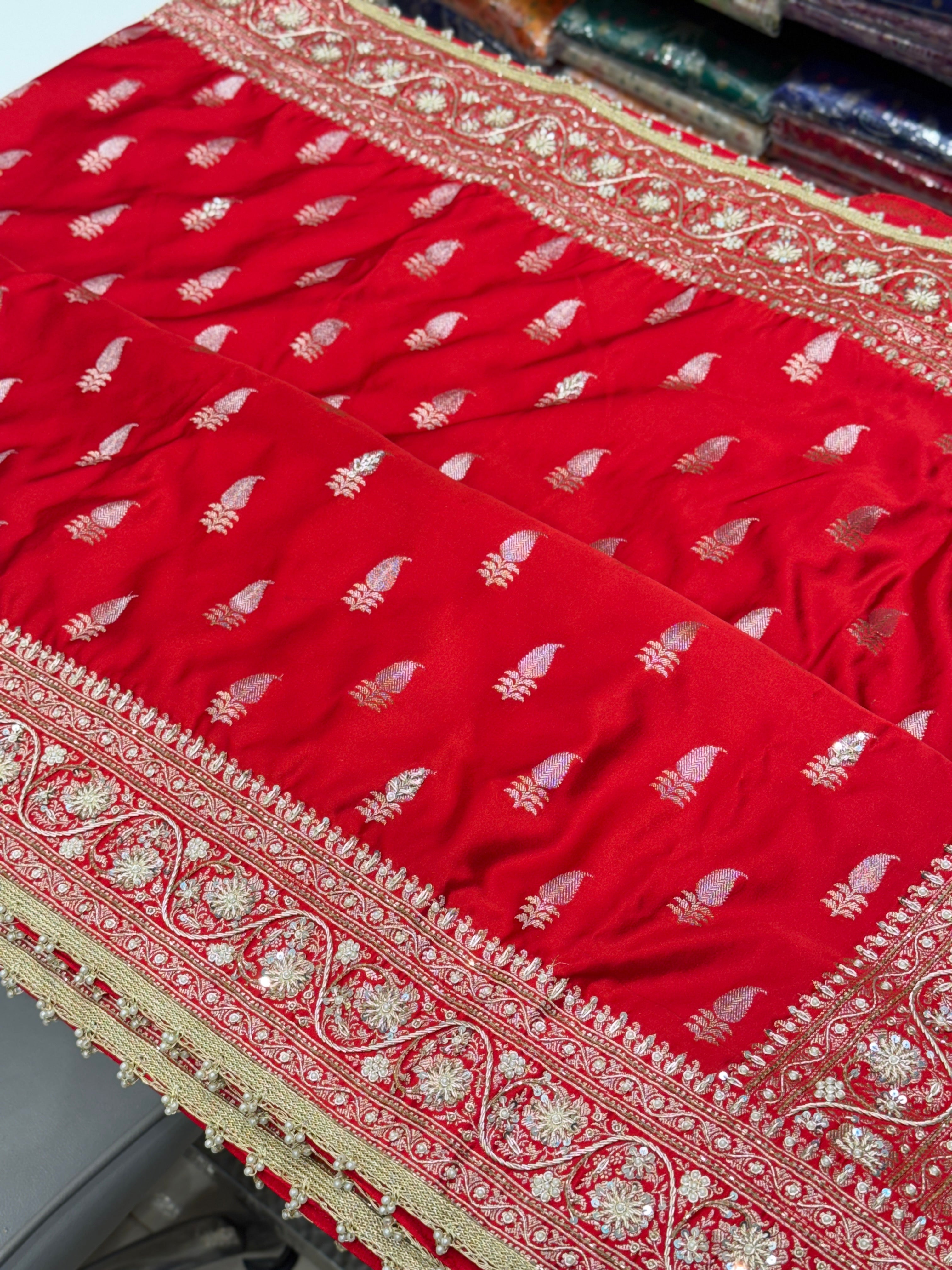 Red Banarasi Japanese Butti Zardosi Hand Embroidery Saree