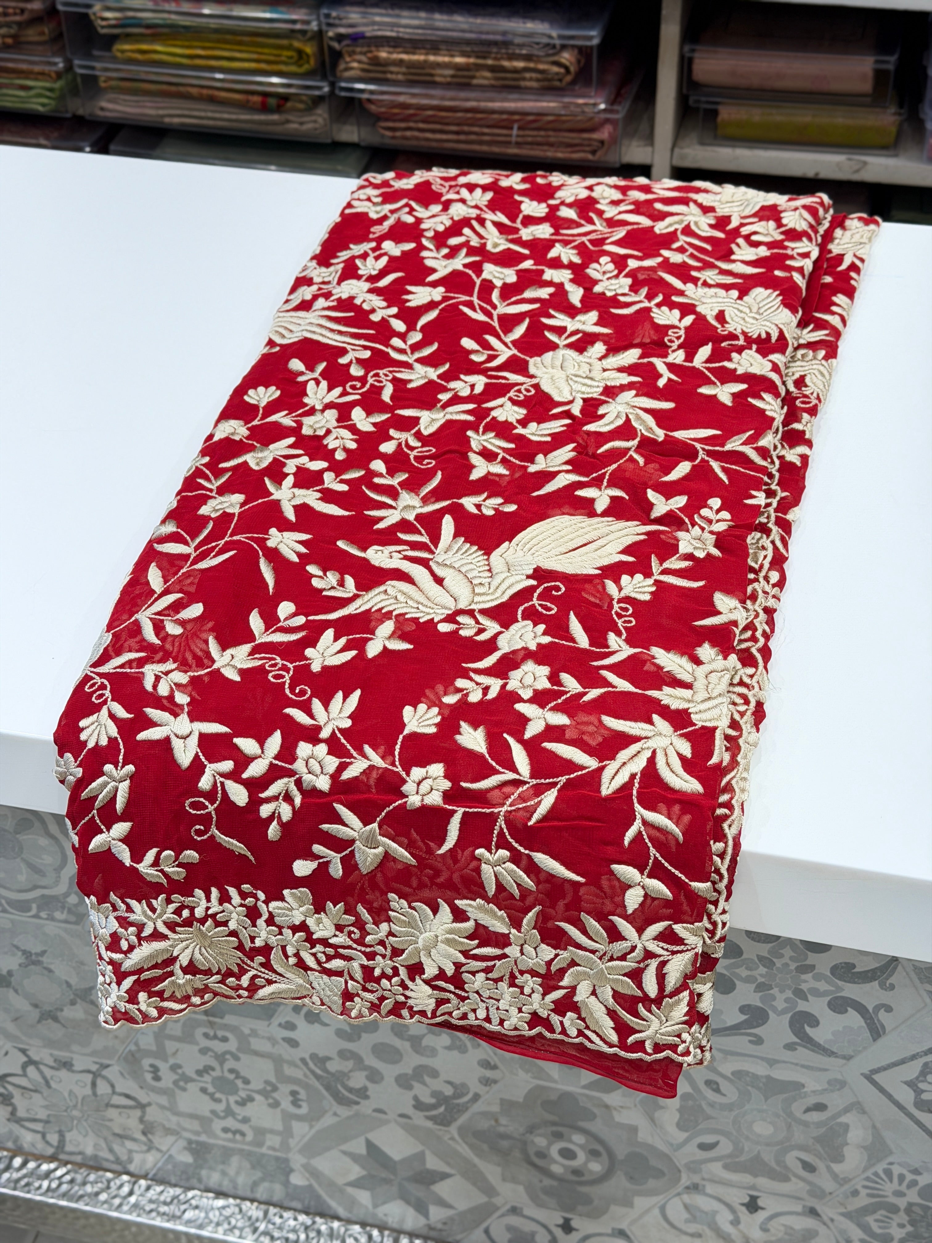 Red Georgette Floral Jaal Flamingo Resham Embroidery Saree