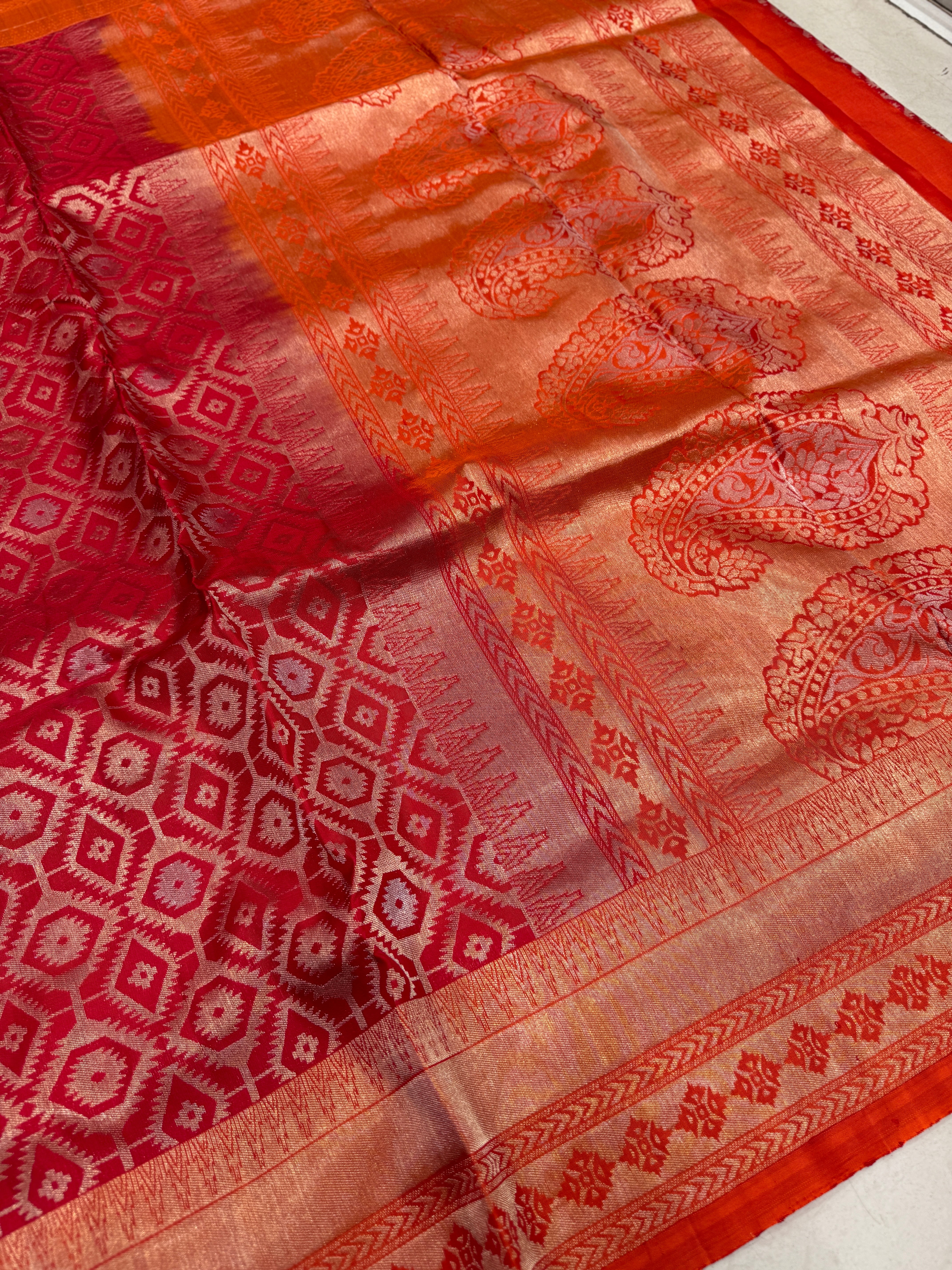 Red Orange Patola Design Inspired Handloom Kanchipuram Pure Silk Saree