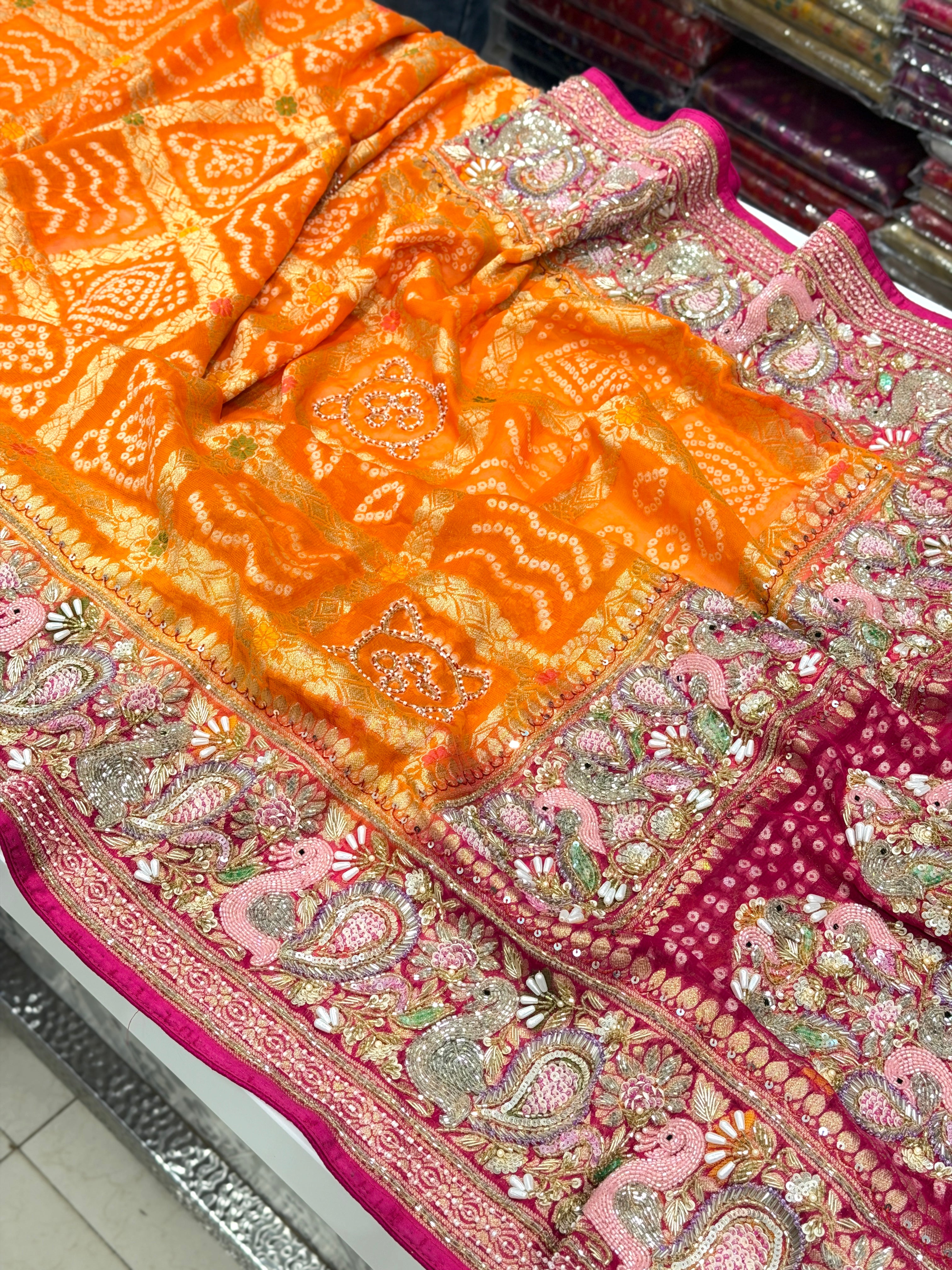 Orange Rani Gharchola Moti Sequin Zardosi Hand Embroidery Georgette Saree