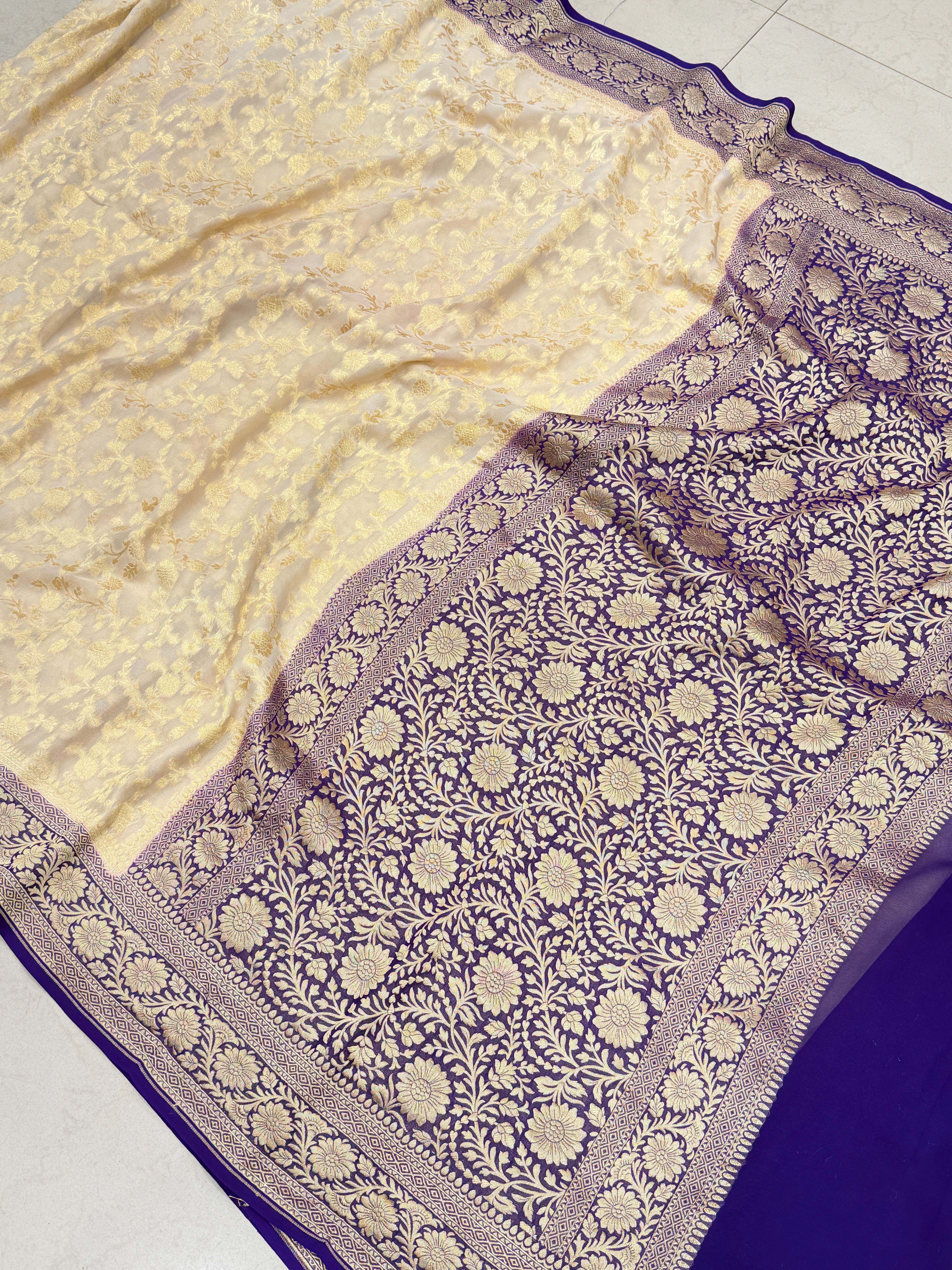 Beige Violet Mughal Jaal Handloom Banarasi Khaddi Georgette Saree