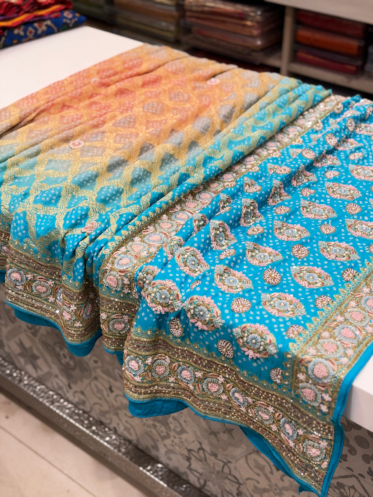 Pastel Shaded Bandhej Hand Embroidery Moti Zardosi Saree