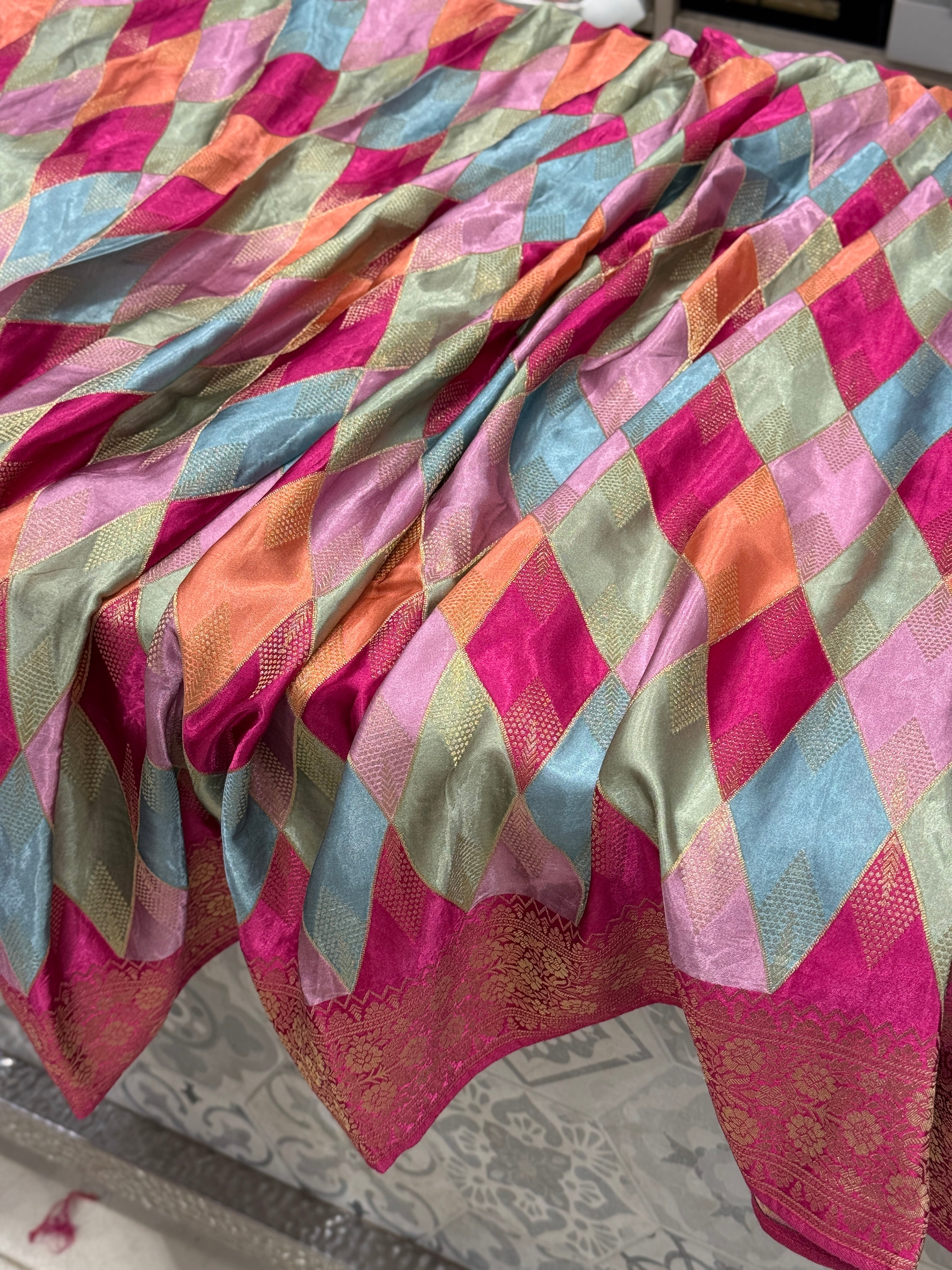 Raspberry Contemporary Kaju Katli Design Banarasi Modal Satin Rangkat Saree