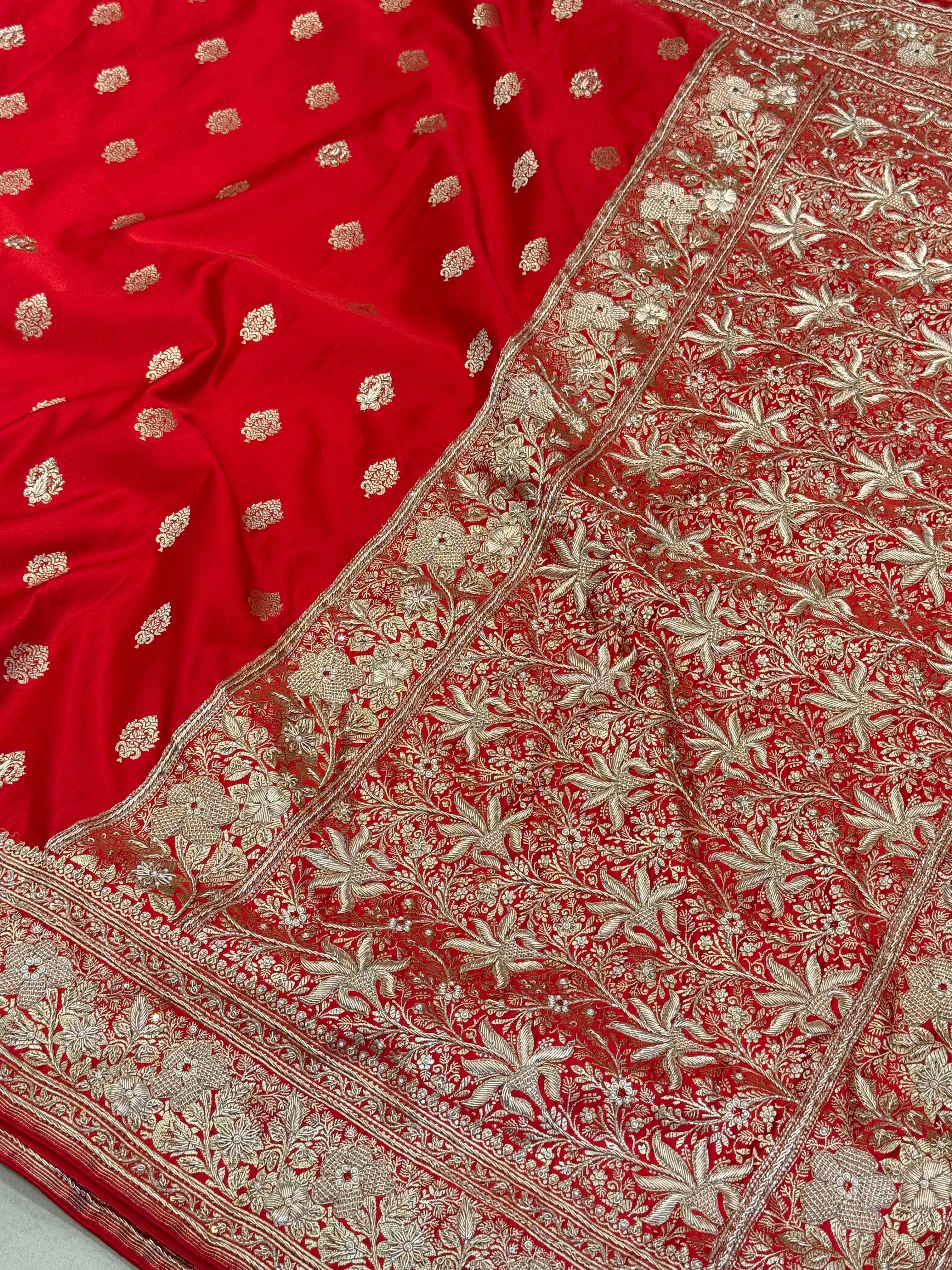Red Banarasi Rose Border Zardozi Hand Embroidery Saree