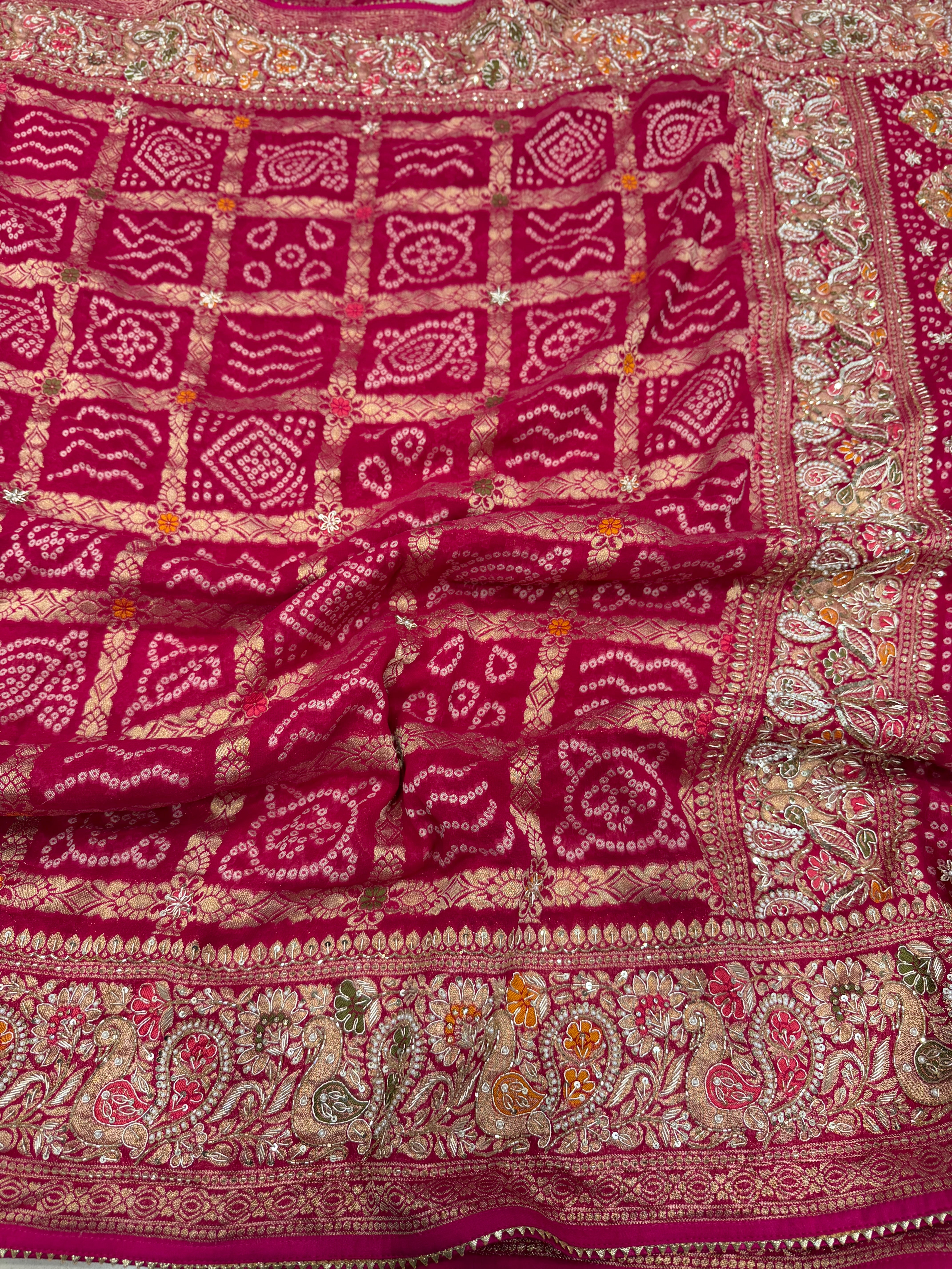 Rani Gharchola Weaved Bandhej Georgette Zardosi Hand Embroidery Saree