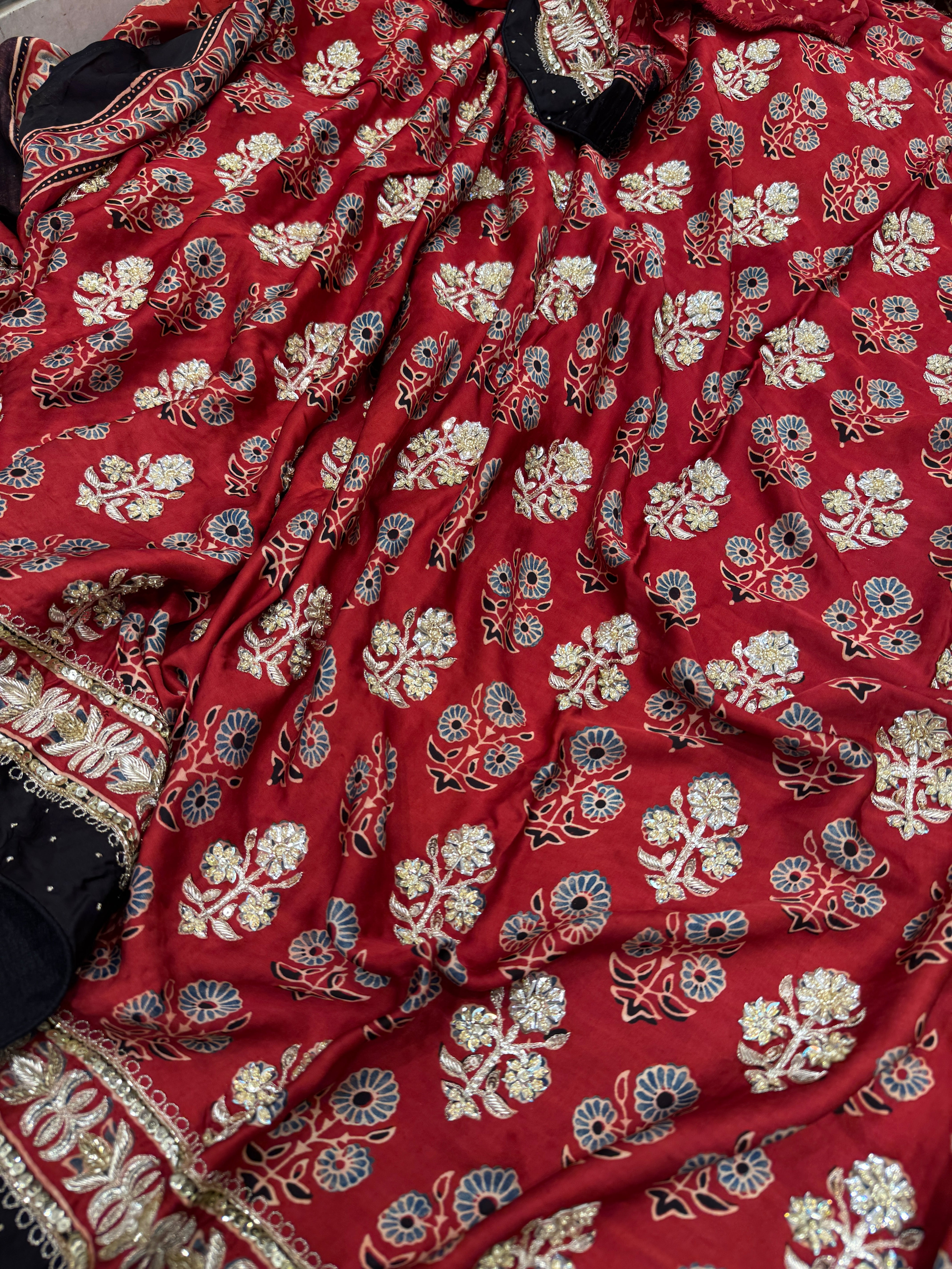 Red Floral Buttas Ajrakh Hand Embroidery Saree