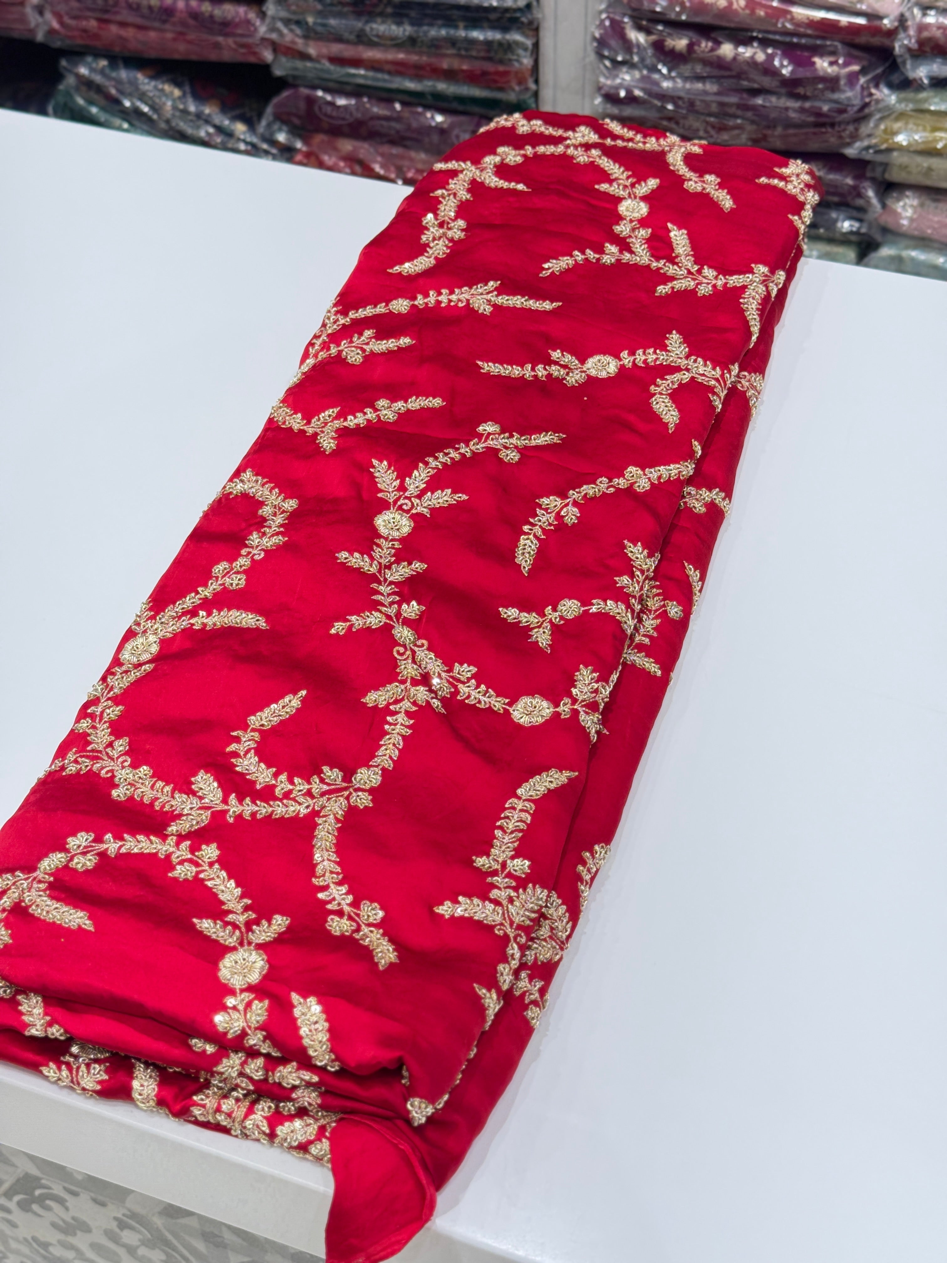 Red Hand Embroidery Jaal Pure Satin Zardosi Embroidery