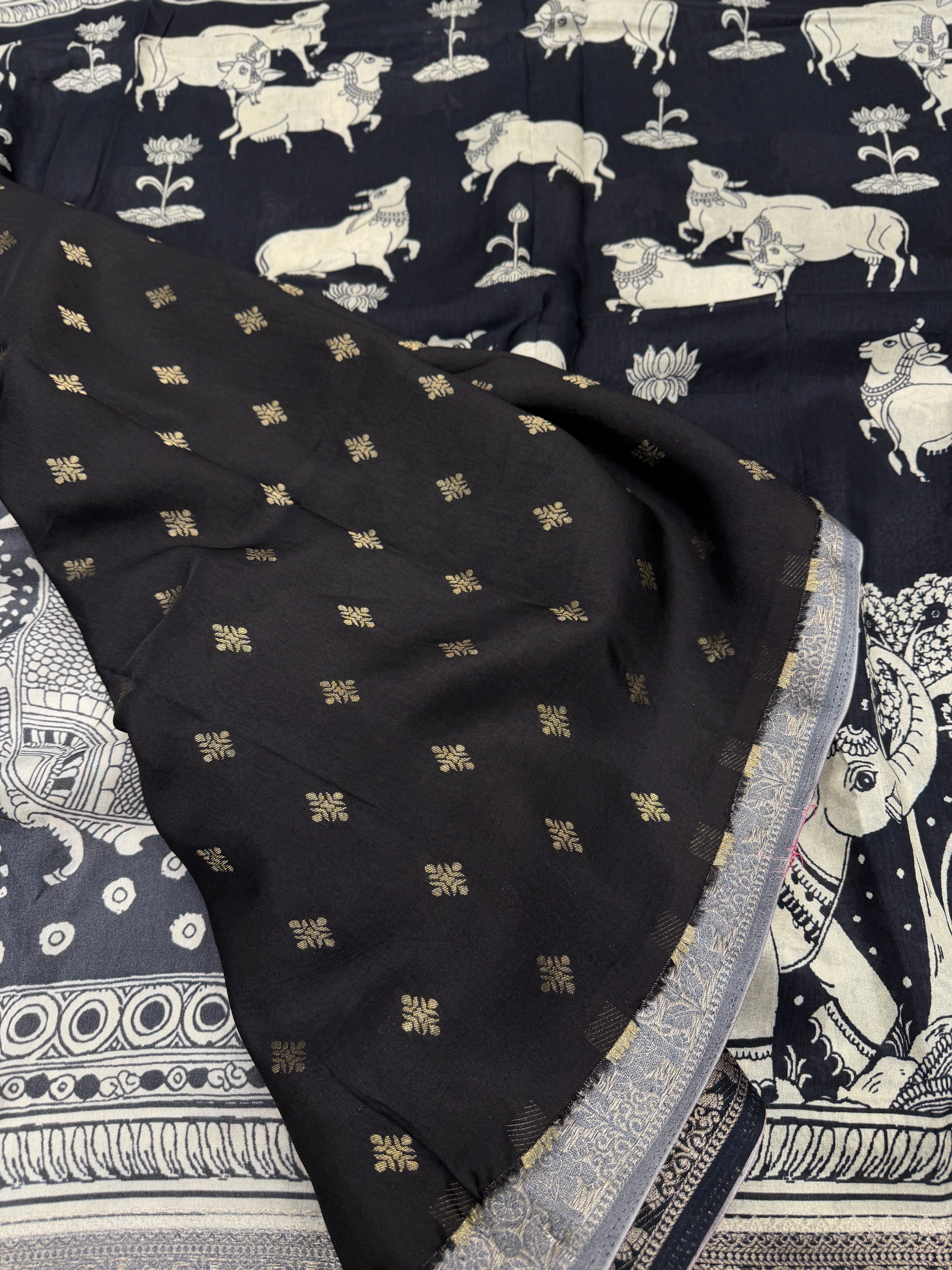 Black and White Printed Pichwai Munga Silk Saree