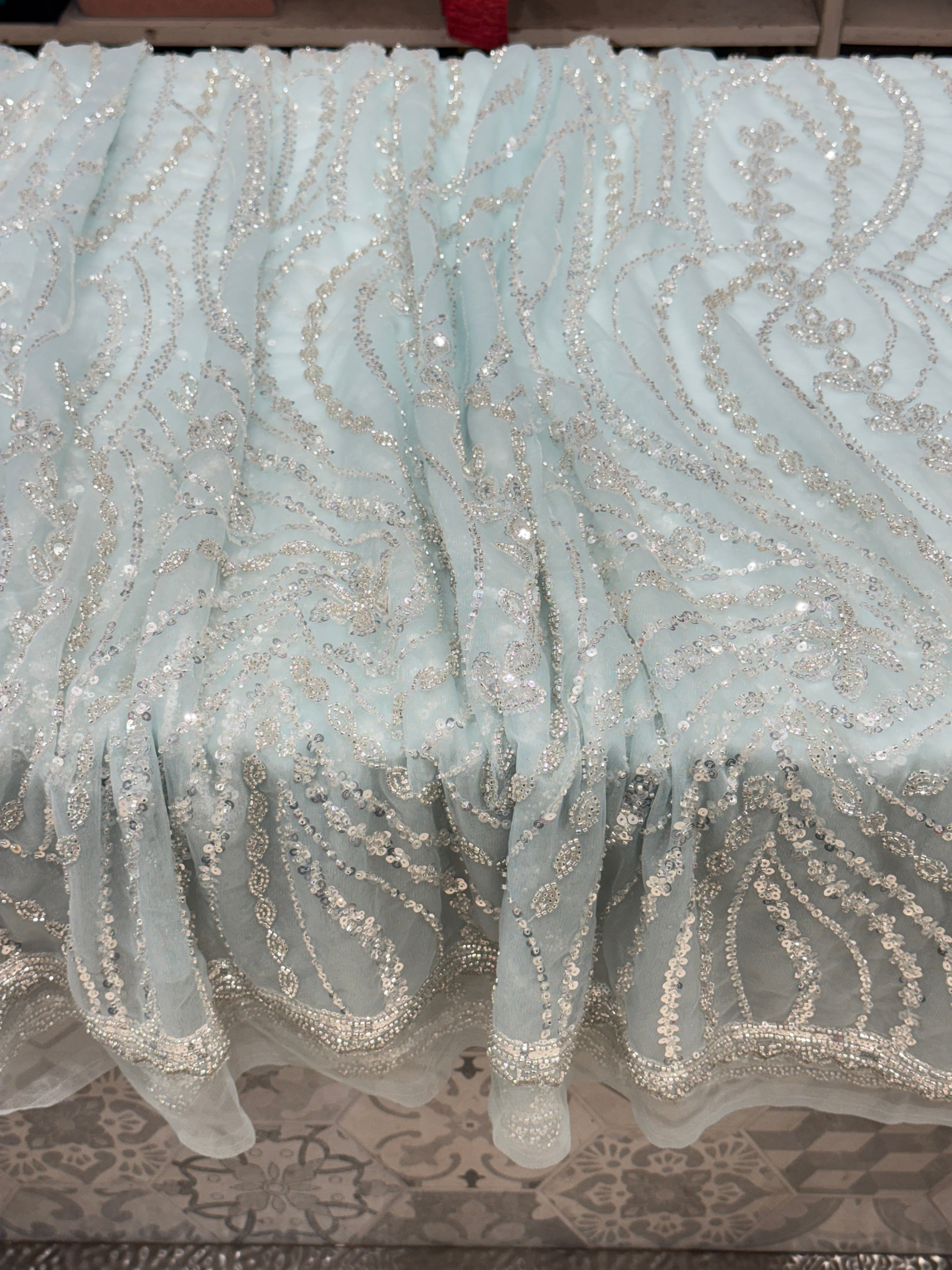 Light Blue Soft Net Sequin Moti Embroidery Saree