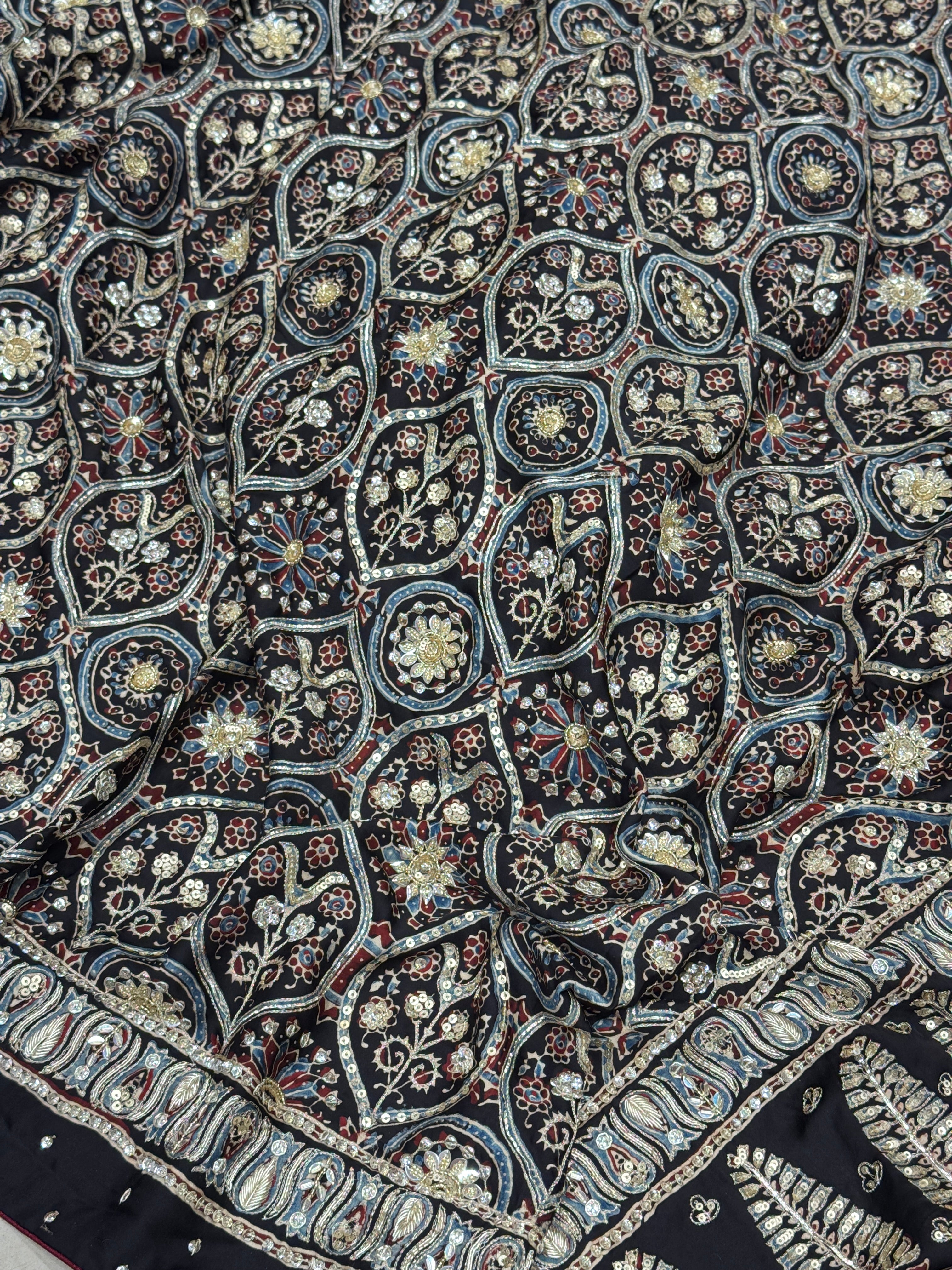Ajrakh Black Badam Jaal Hand Embroidery Zardosi and Pita Work