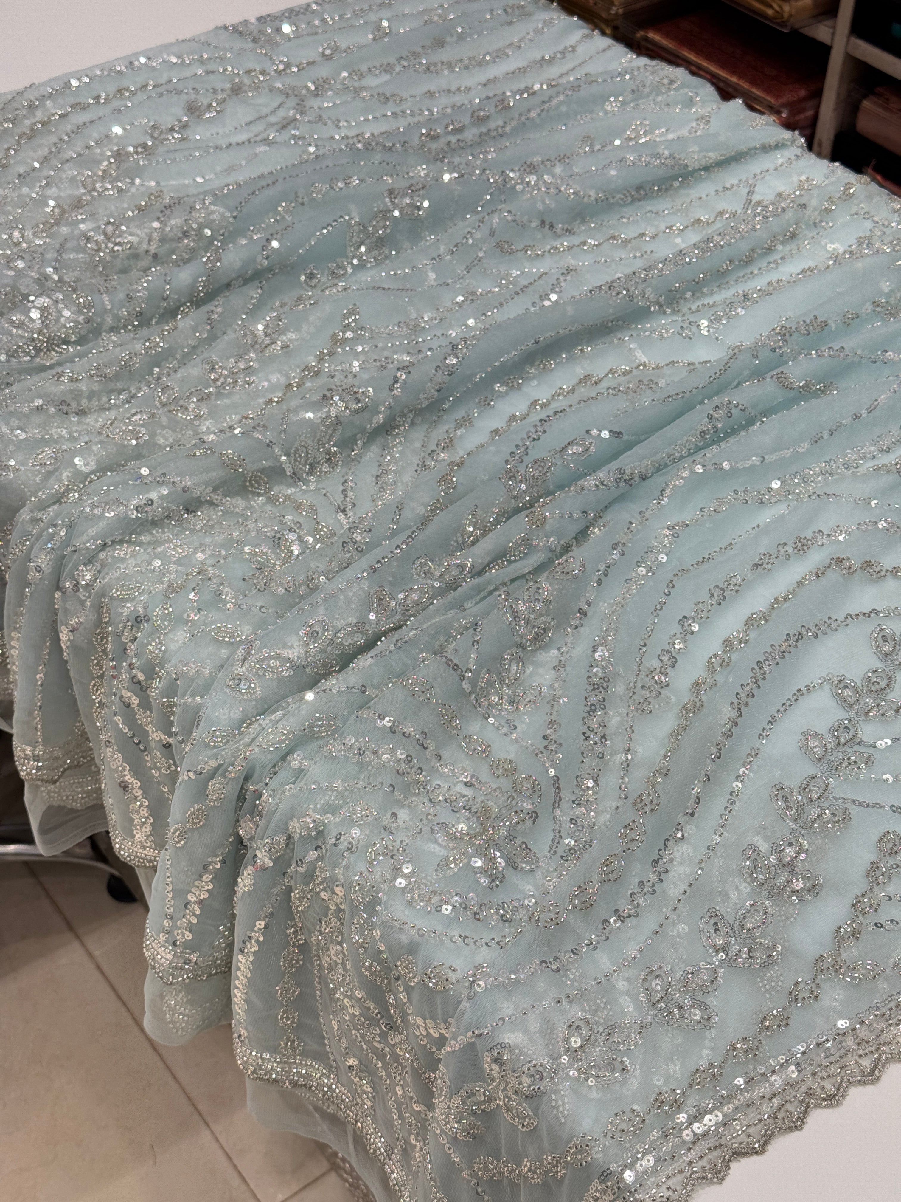 Light Blue Soft Net Sequin Moti Embroidery Saree