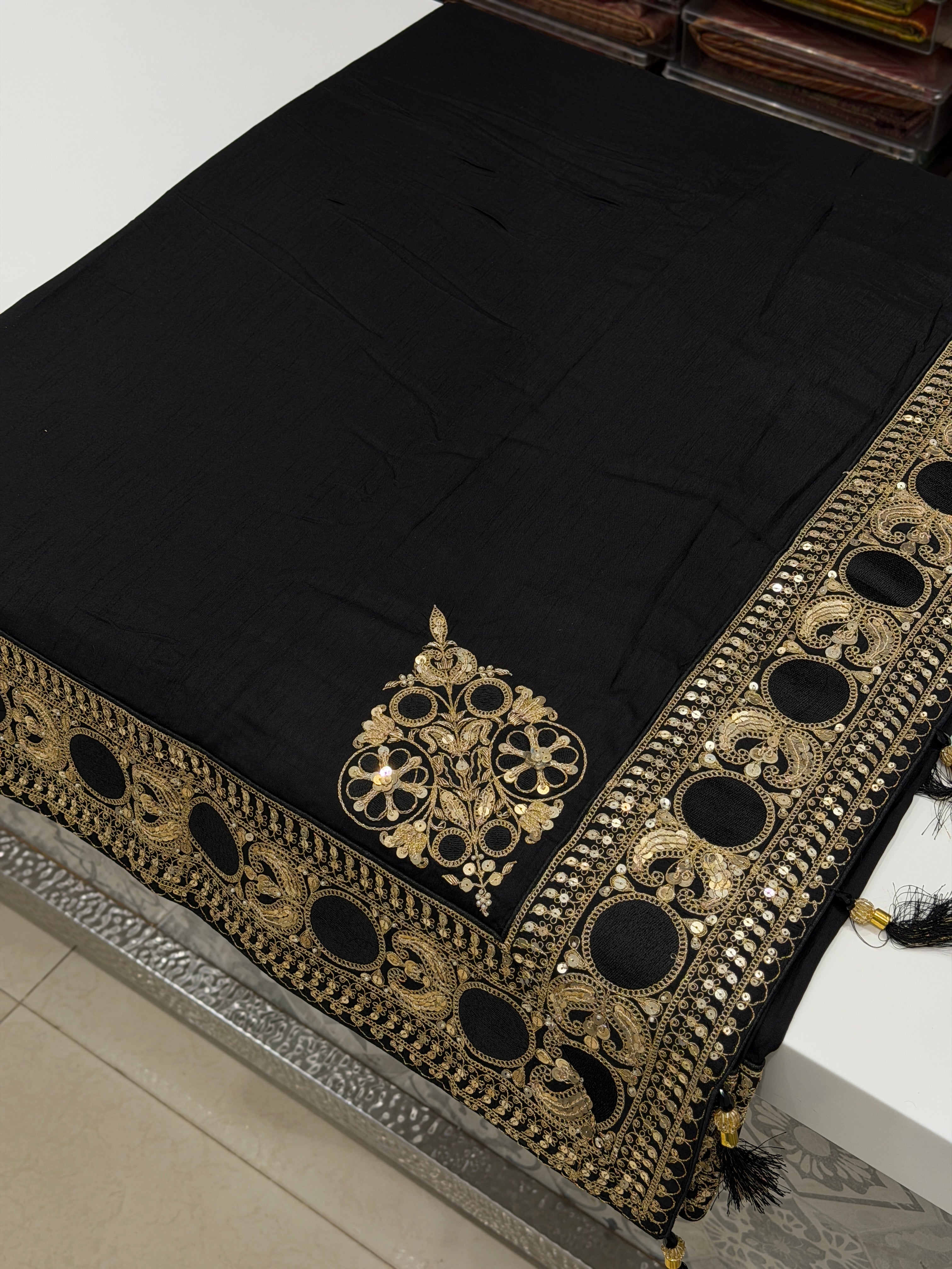 Black Sabyasachi Inspired Marodi Embroidery Pure Silk Zardosi Saree