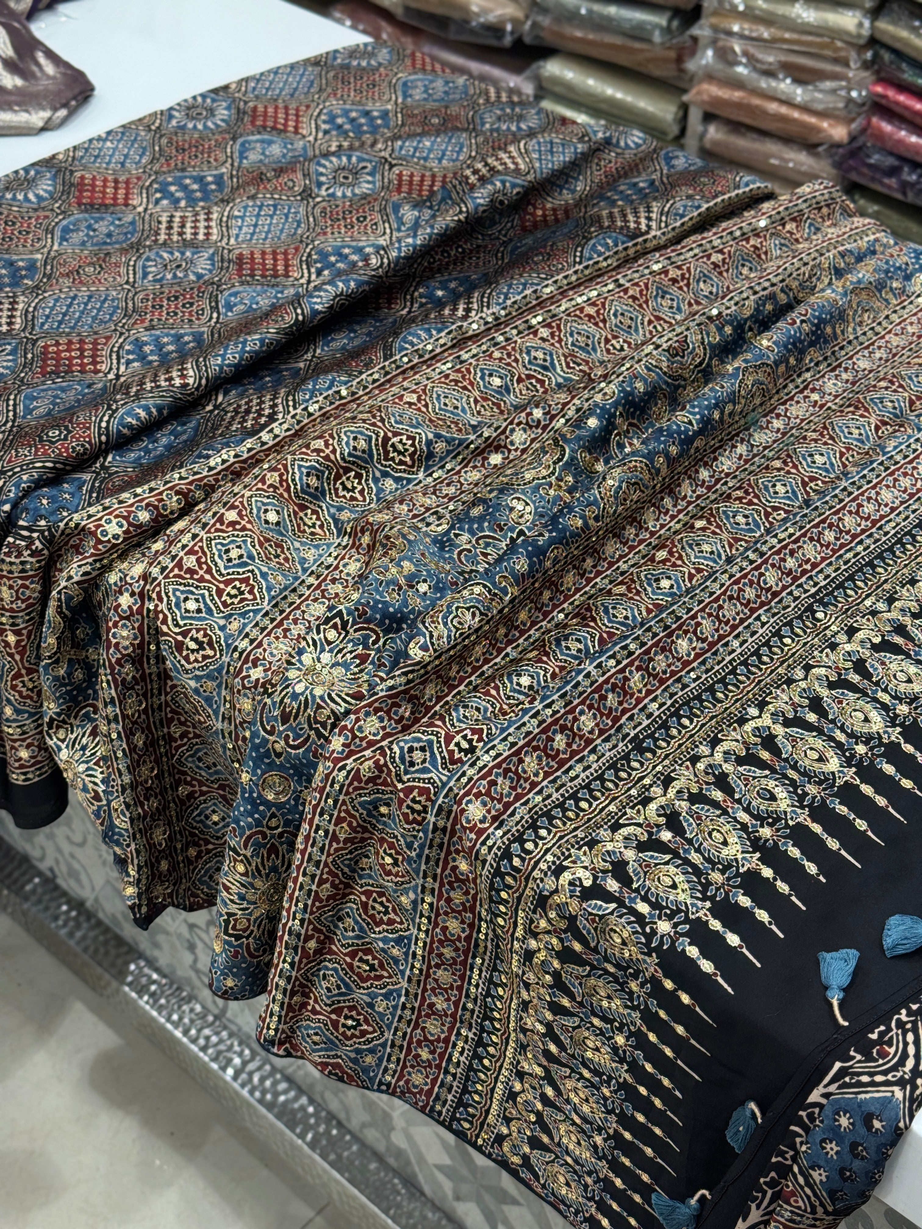 Blue Badam Abstract Jaal Pita Sequin Ajrakh Hand Embroidery Saree