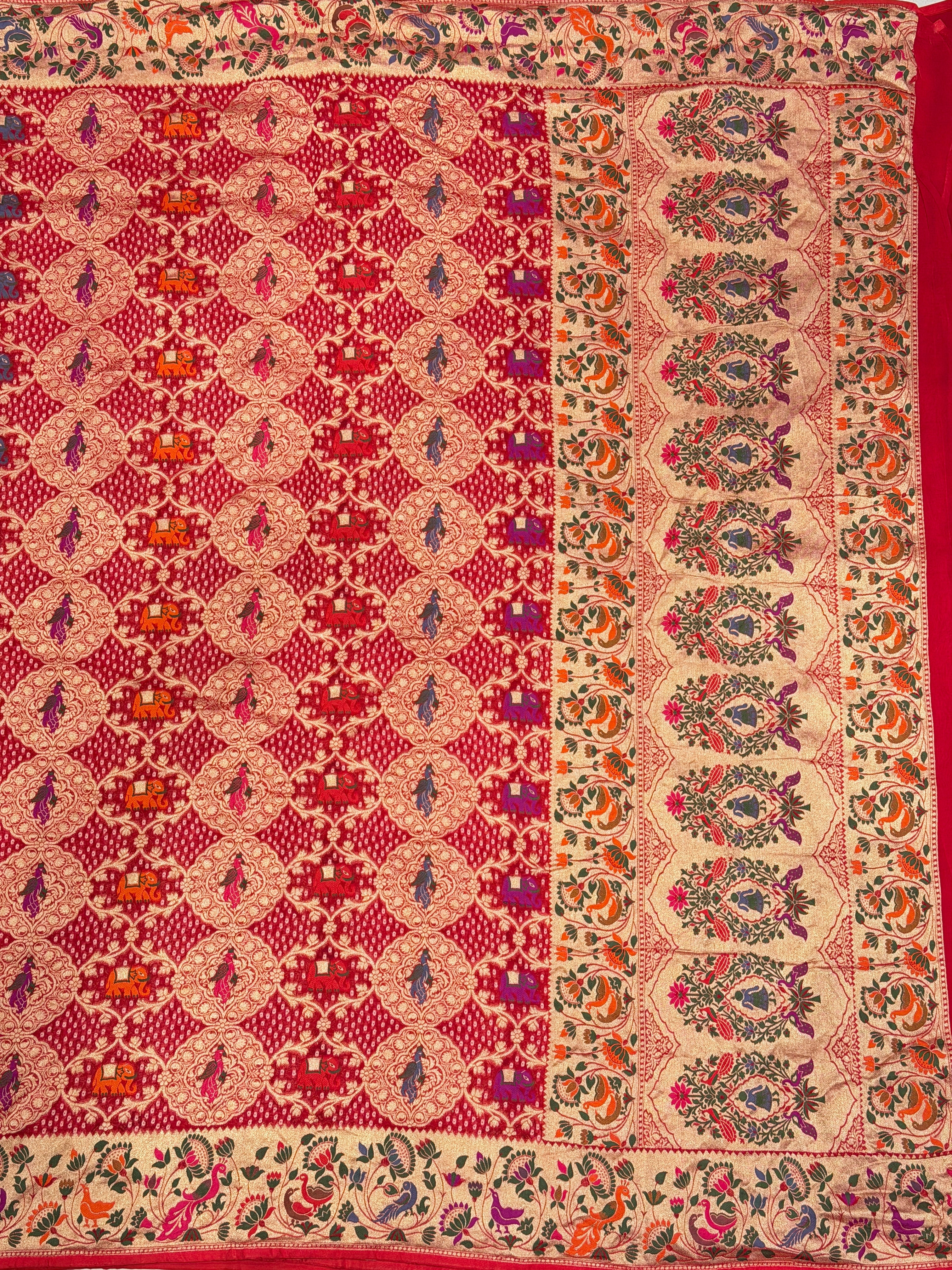Red Woven Bandhej Meenakari Peacock Parrot Motif Saree