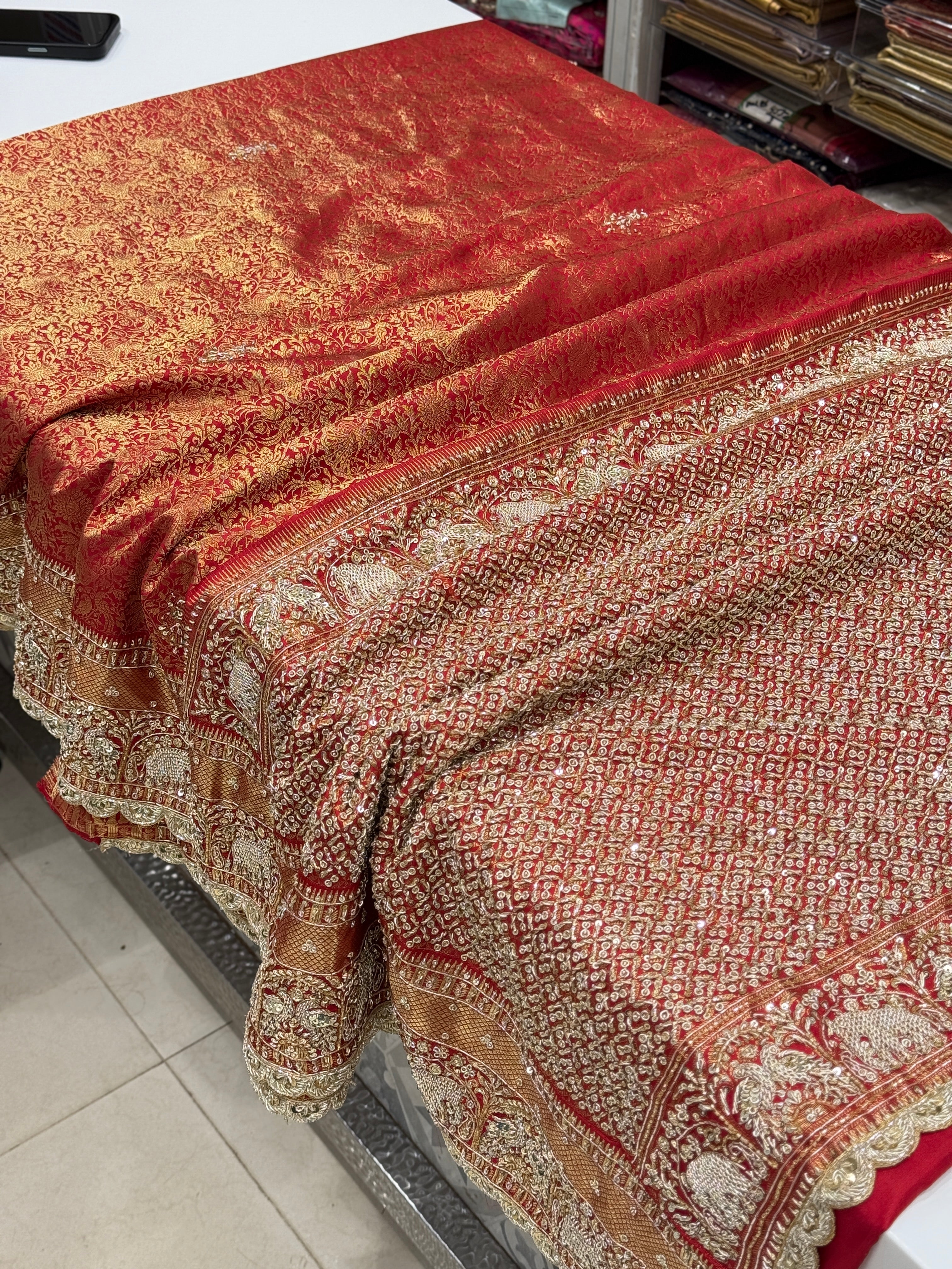 Red Kanjivaram Elephant Motif Zardozi Hand Embroidery Saree