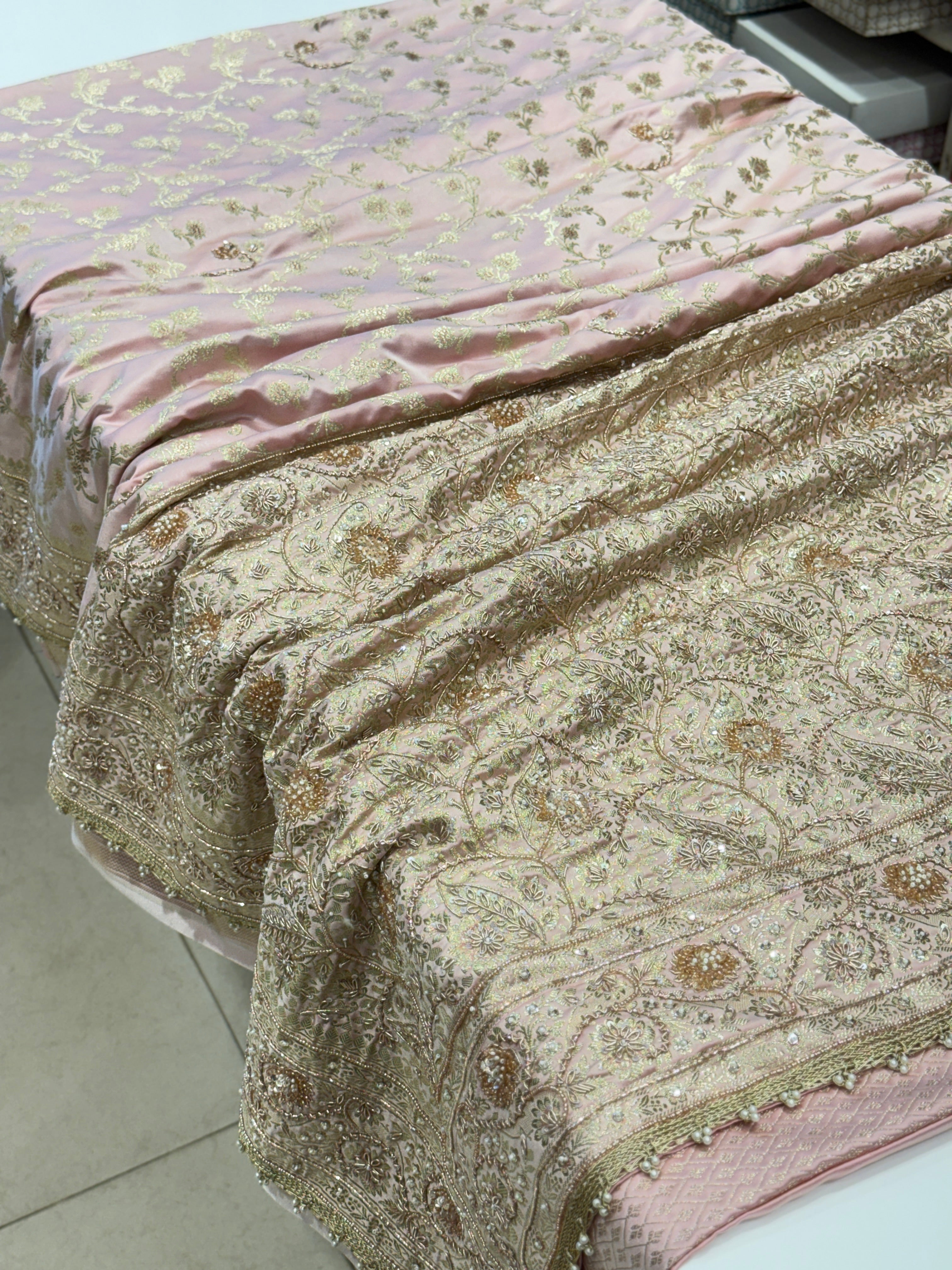 Pastel Pink Banarasi Sequin Zardosi Hand Embroidery Saree