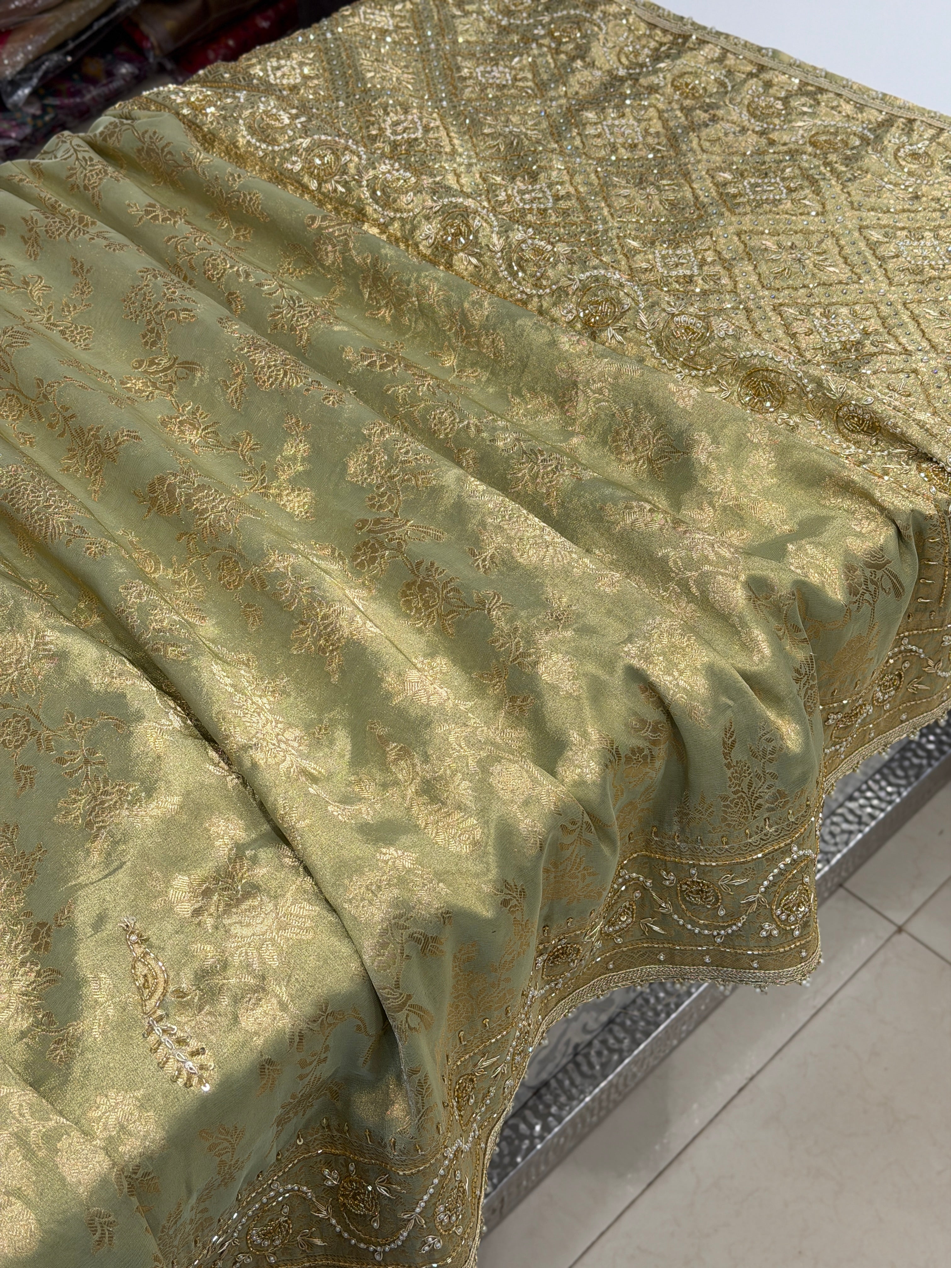 Pista Green Tissue Jaal Zardosi Moti Embroidery Saree