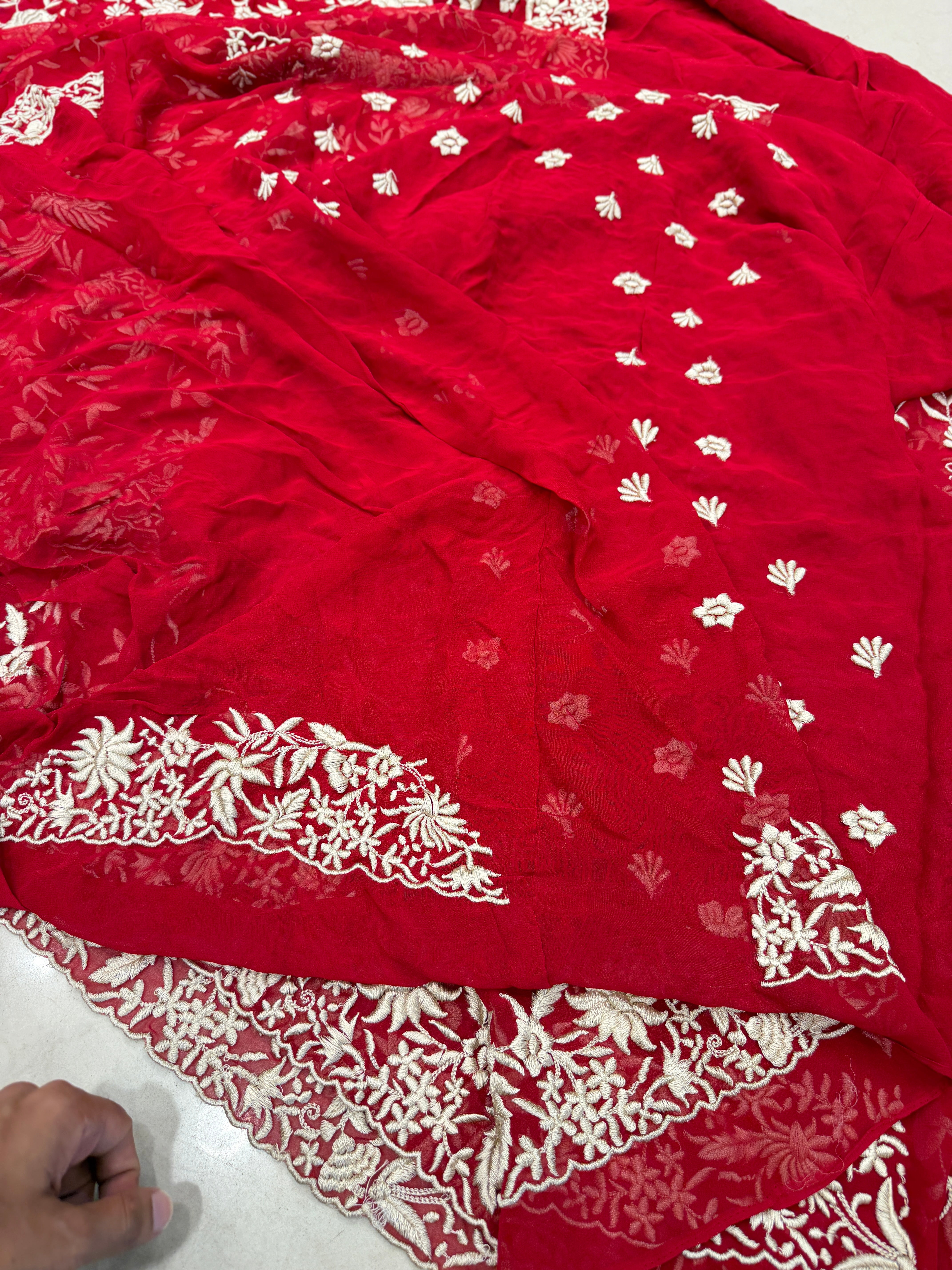 Red Georgette Floral Jaal Flamingo Resham Embroidery Saree