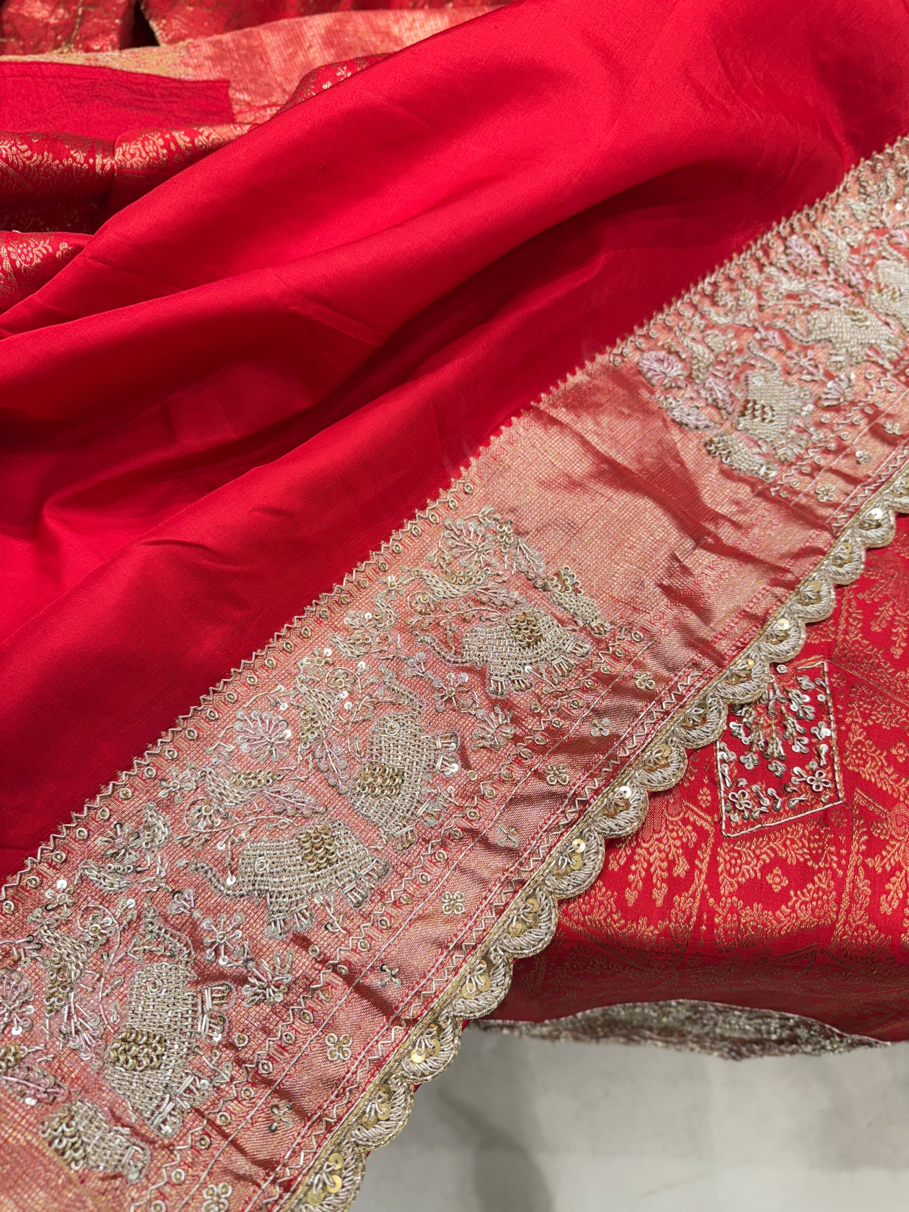 Red Kanjivaram Zardozi Elephant Motif Hand Embroidery Saree