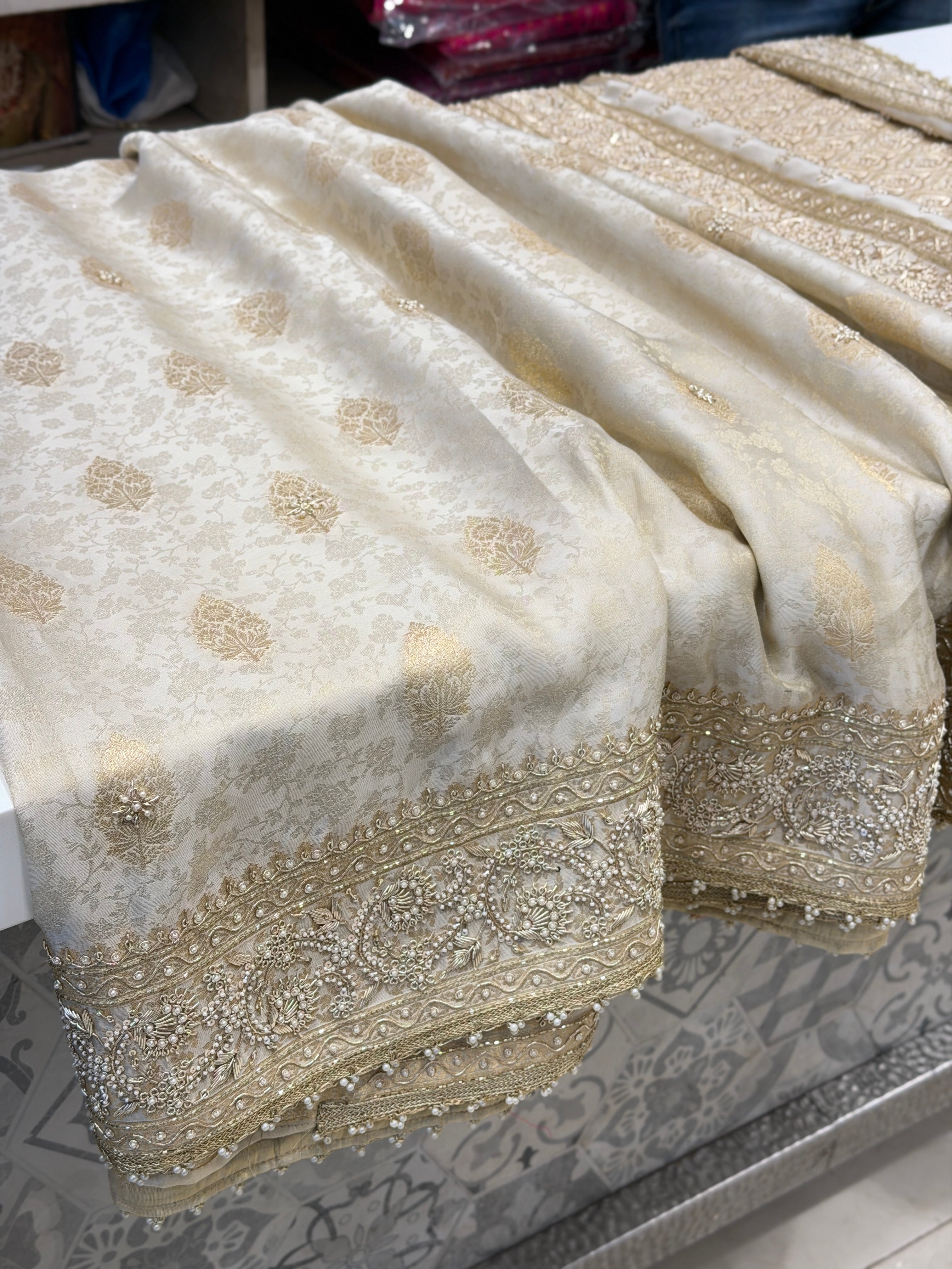 Creme Jaquard Weave Satin Zardosi Hand Embroidery Saree