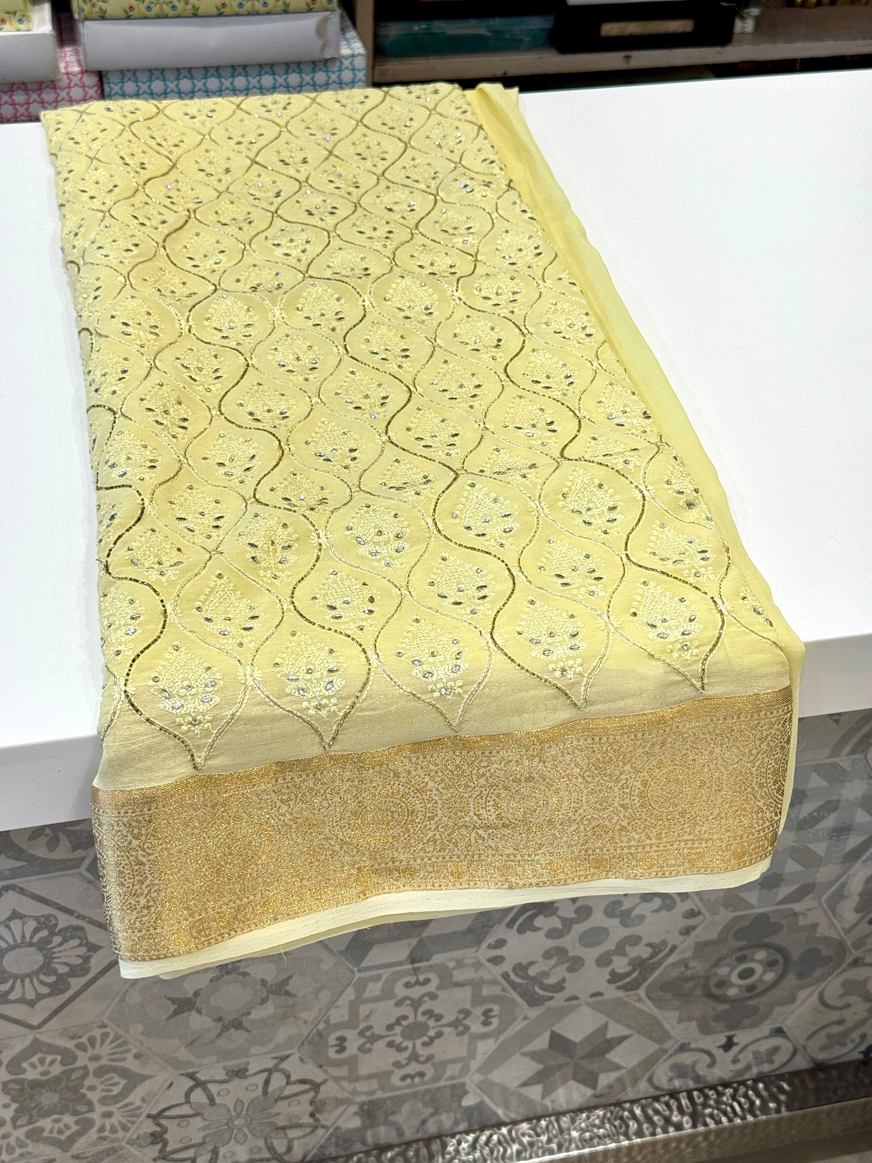 Yellow Chikankari Kanchi Style Hand Embroidery Saree