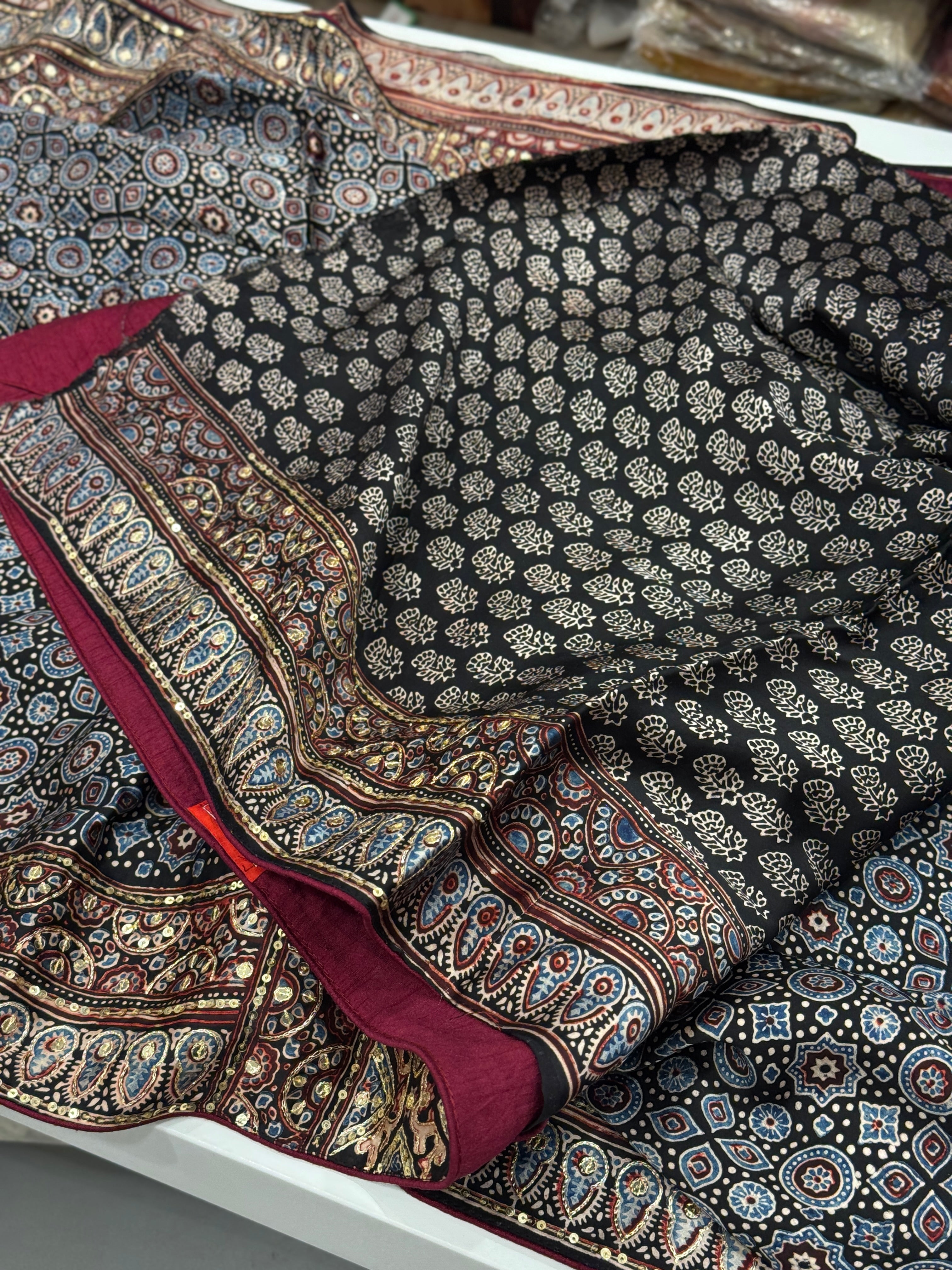 Blue Black Pita Zardosi Sequin Ajrakh Hand Embroidery Saree