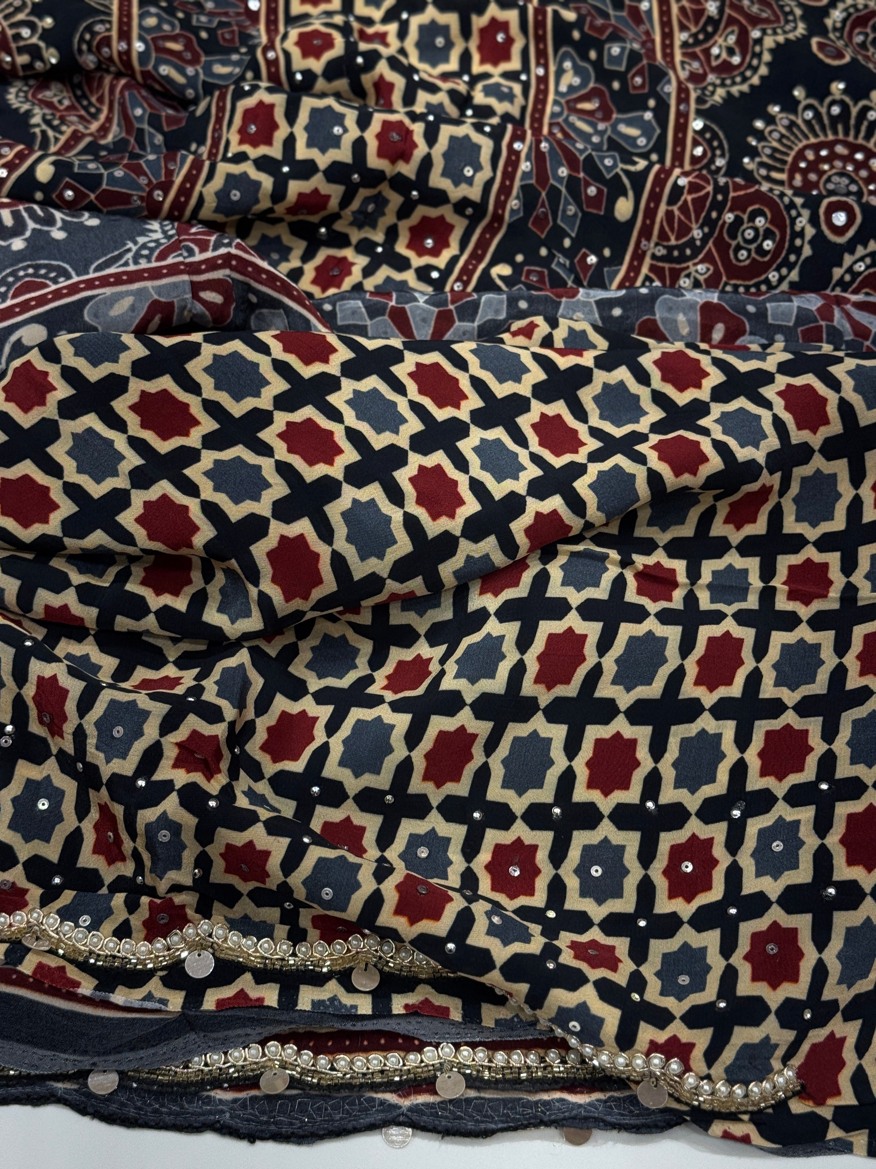 Ajrakh Satin Digital Print Hand Embroidery Saree