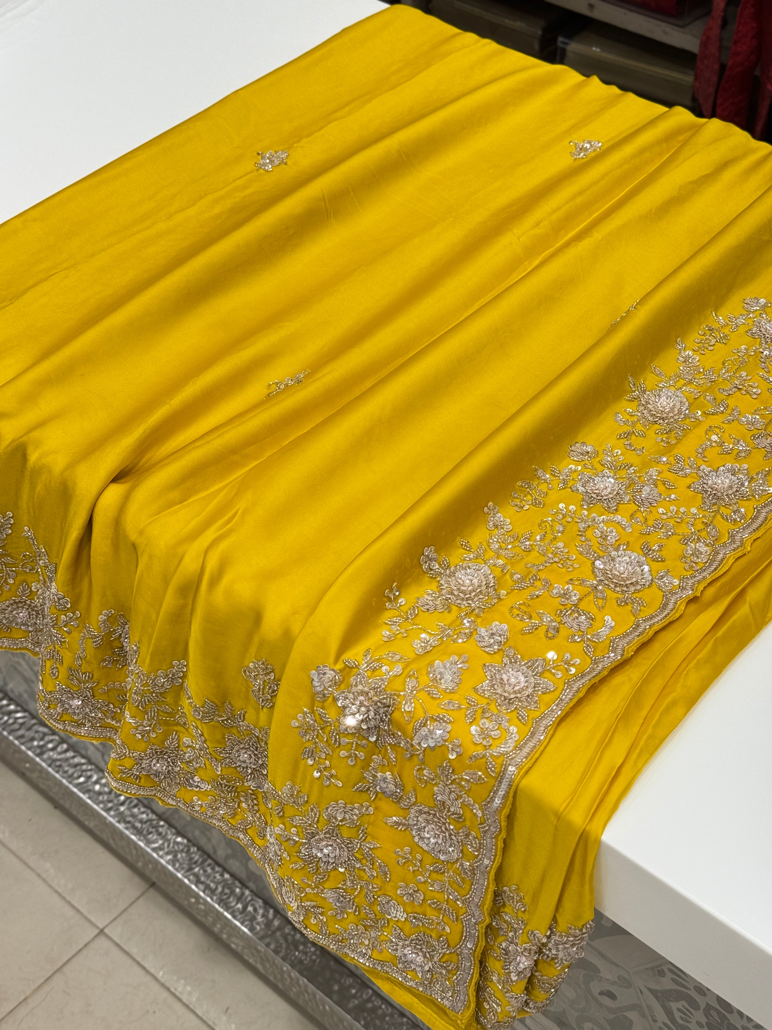 Yellow Satin Silk Hand Embroidery Moti Cutdana Saree