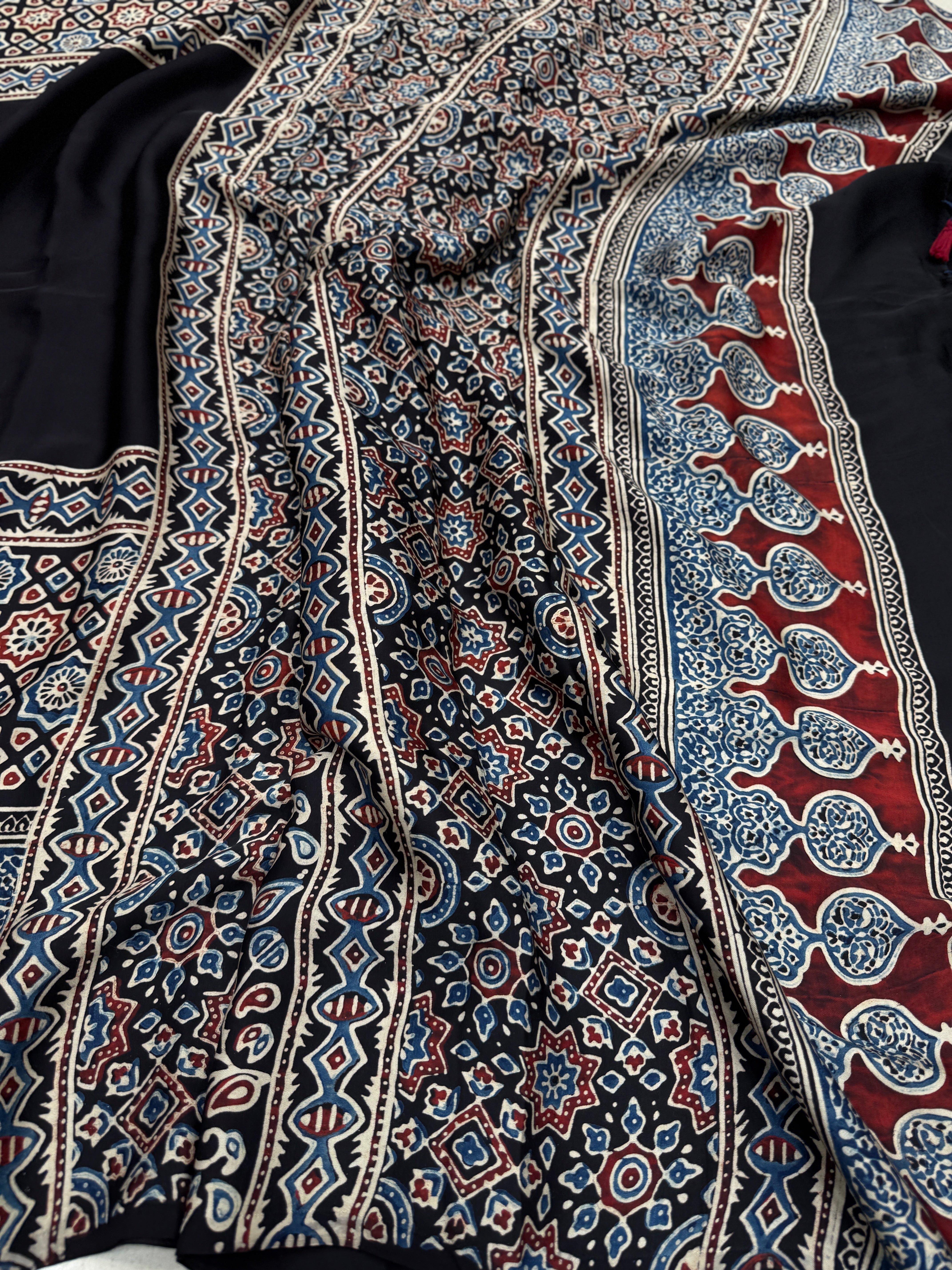 Black Block Star Butti Ajrakh Modal Gajji Silk Saree