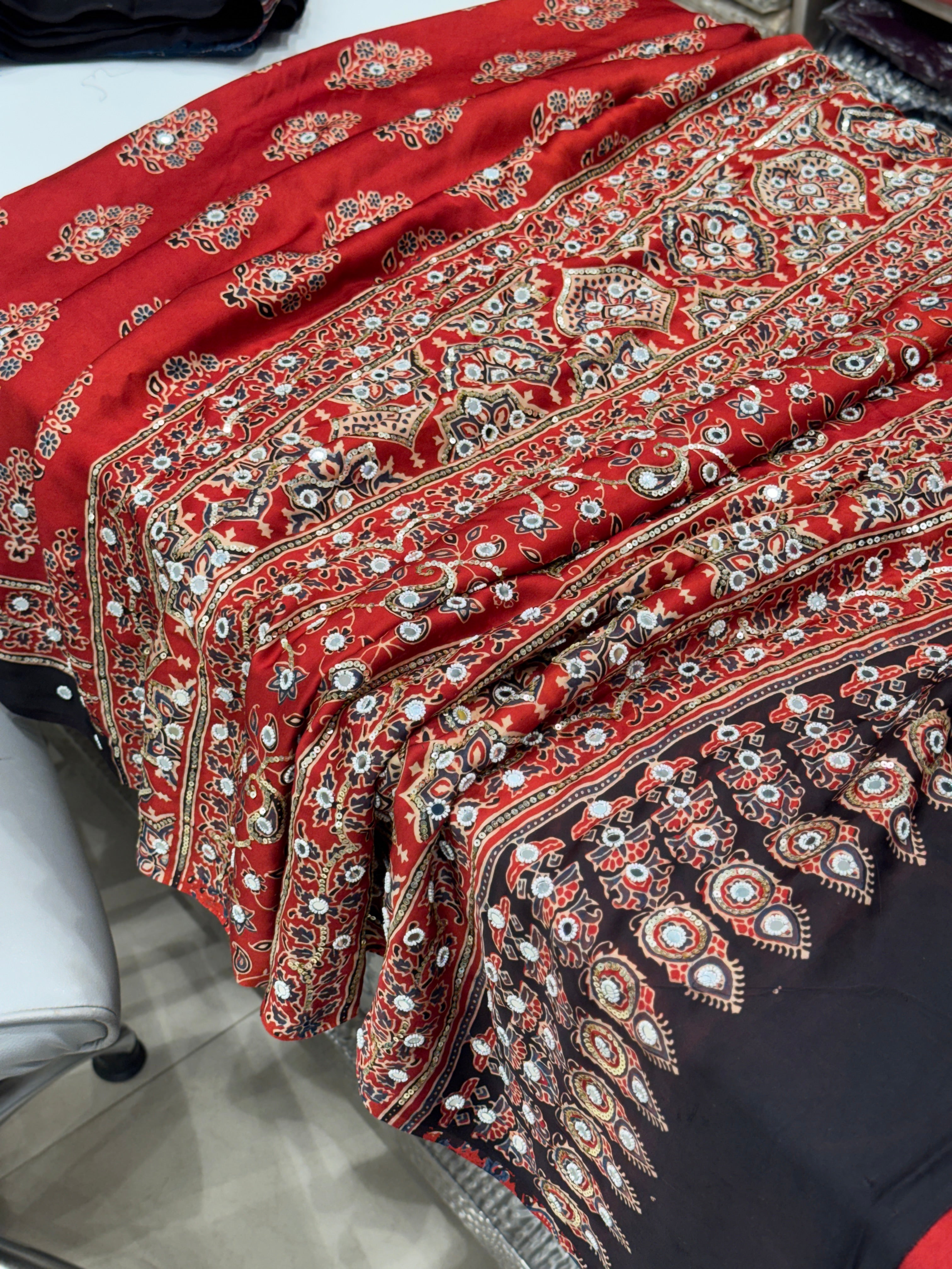 Red Butti Ajrakh Sequin Mirror Moti Hand Embroidery Saree