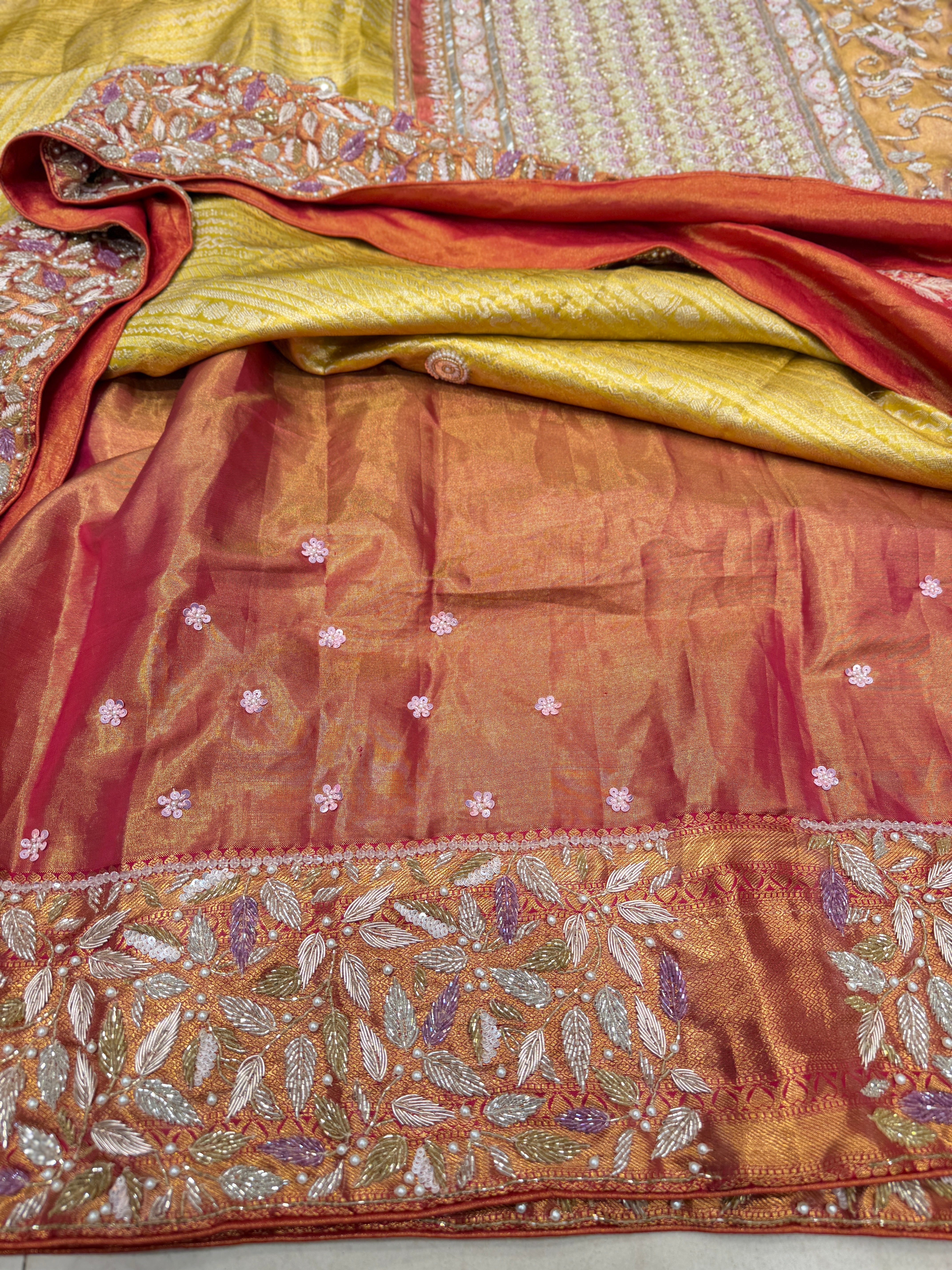 Lime Crimson Kanjivaram Contemporary Moti Zardosi Hand Embroidery Saree