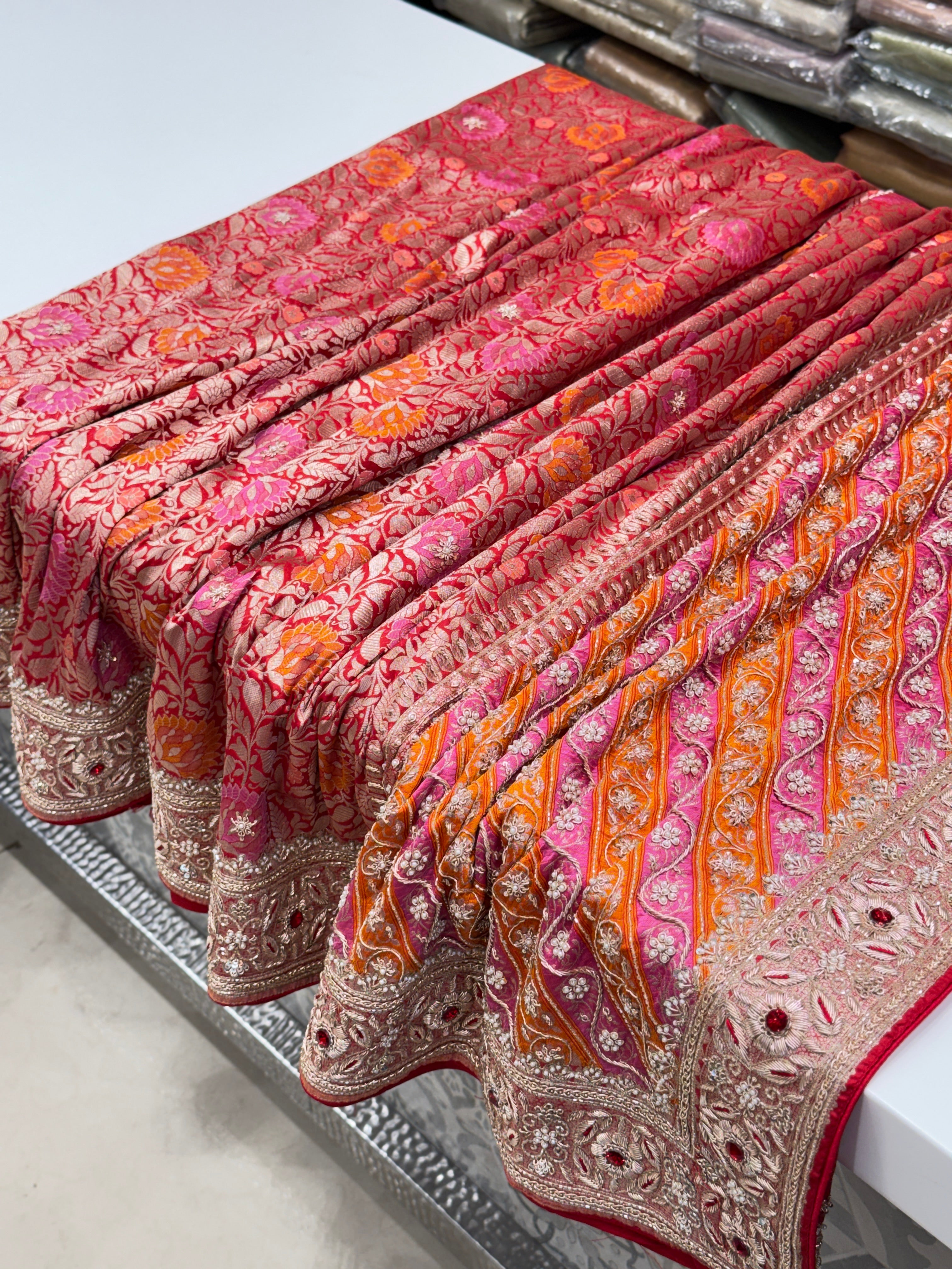 Meenakari Banarasi Katan Zardodi Hand Embroidery Crystal Saree