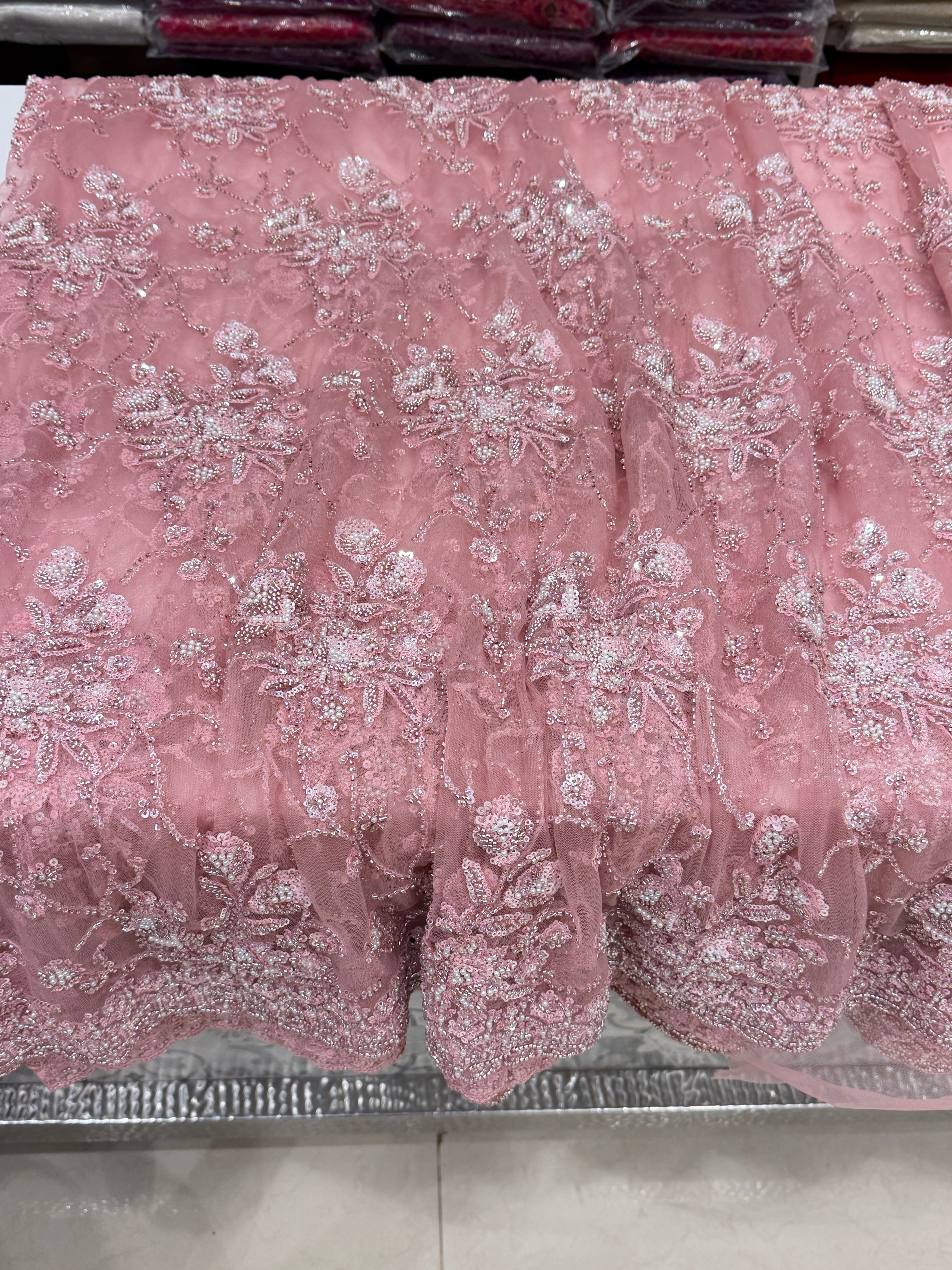 Pink Moti Sequin Heavy Soft Net Embroidery Saree