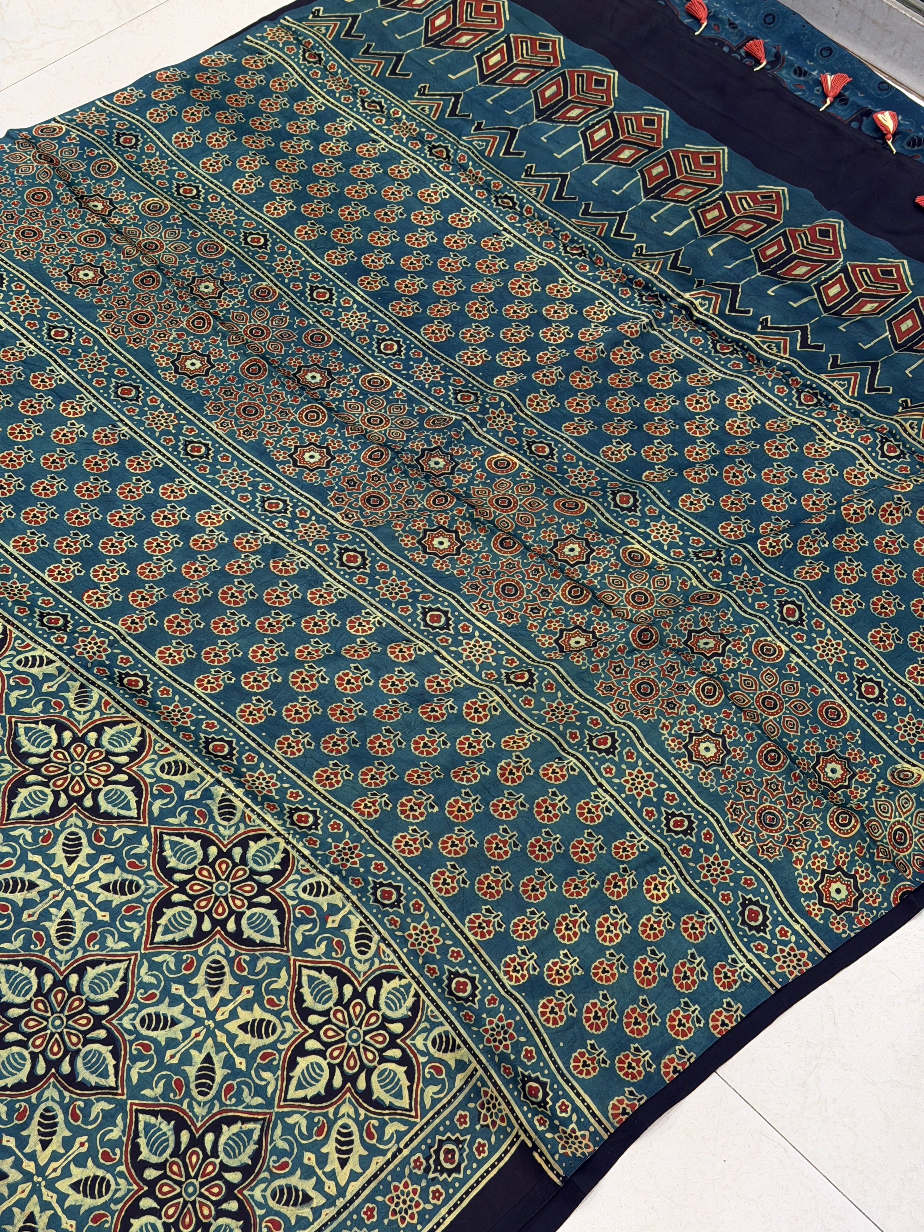 Green Elkweed Flower Buttis Ajrakh Hand Block Print Pure Modal Silk Saree