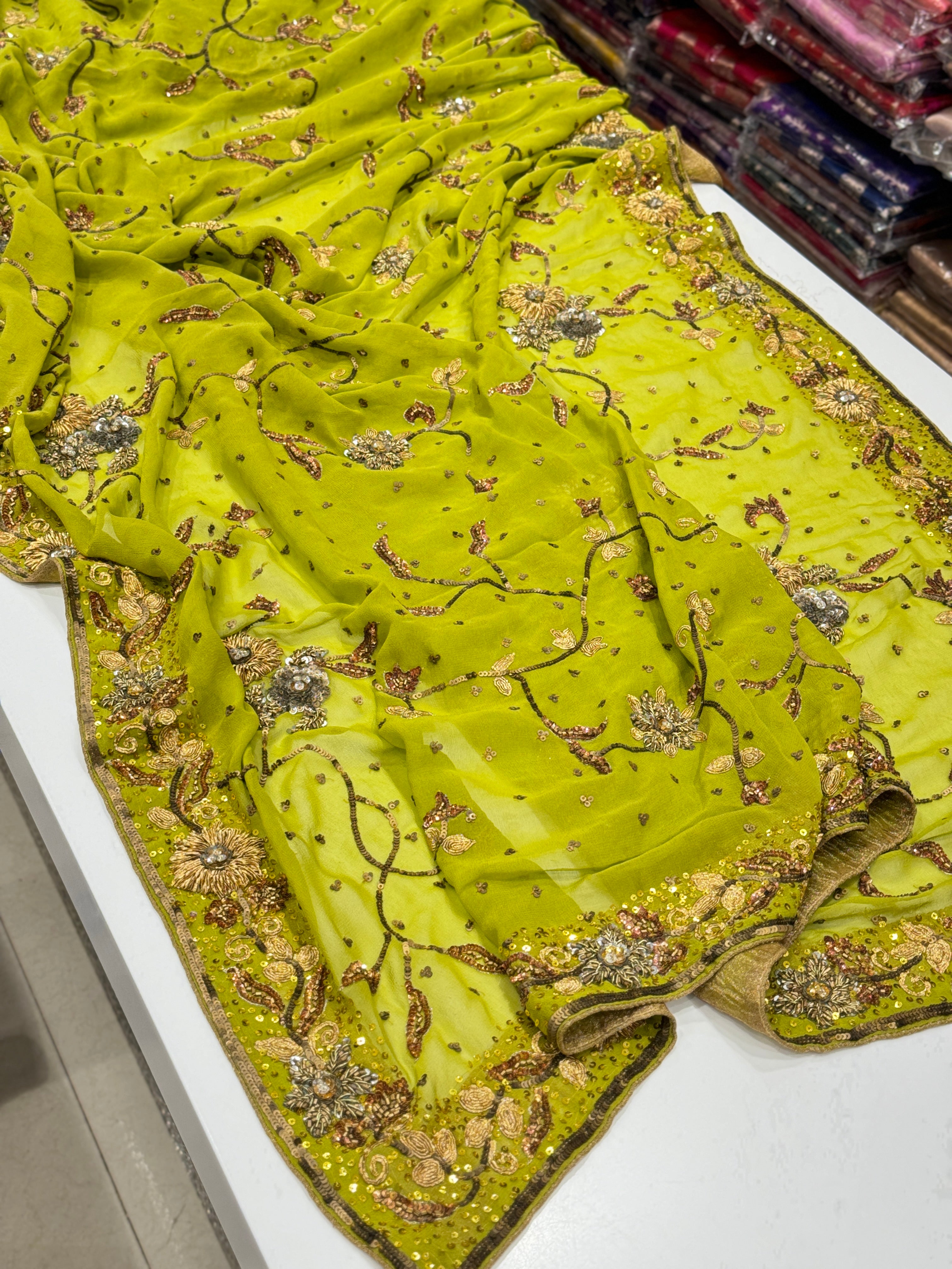 Green Georgette Antique Zardosi Hand Embroidery Saree