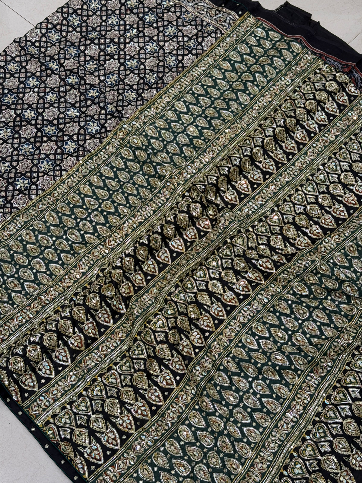 Black Green Pallu Jaal Pita Zardosi Sequin Ajrakh Hand Embroidery Saree
